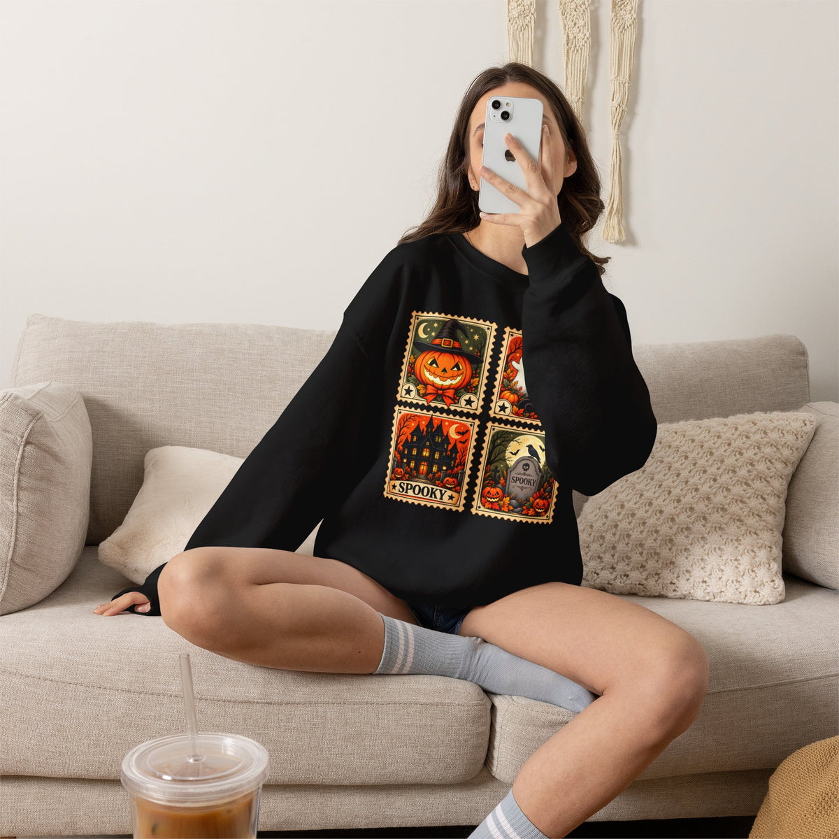 Vintage Halloween Stamp Sweatshirt, Spooky Pumpkin & Ghost Crewneck - 14510