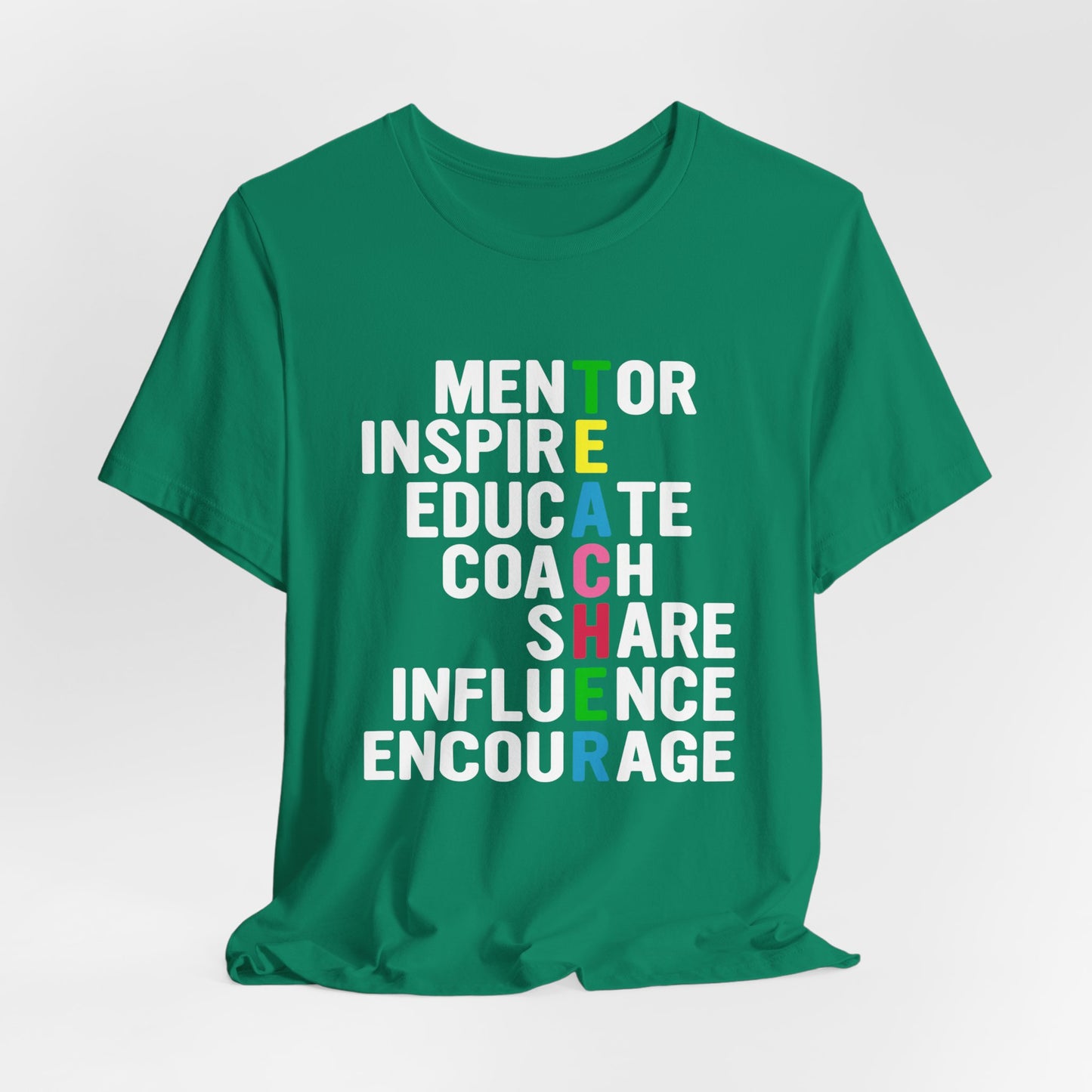 Teacher: Mentor Inspire, Educate, Coach, Share, Influence, Encourage - Unisex Jersey Short Sleeve Tee