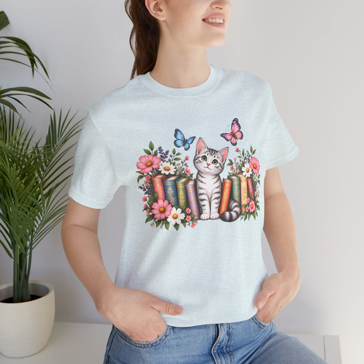 Cat & Books T-Shirt, Cute Floral Kitten & Butterfly Tee - 14526