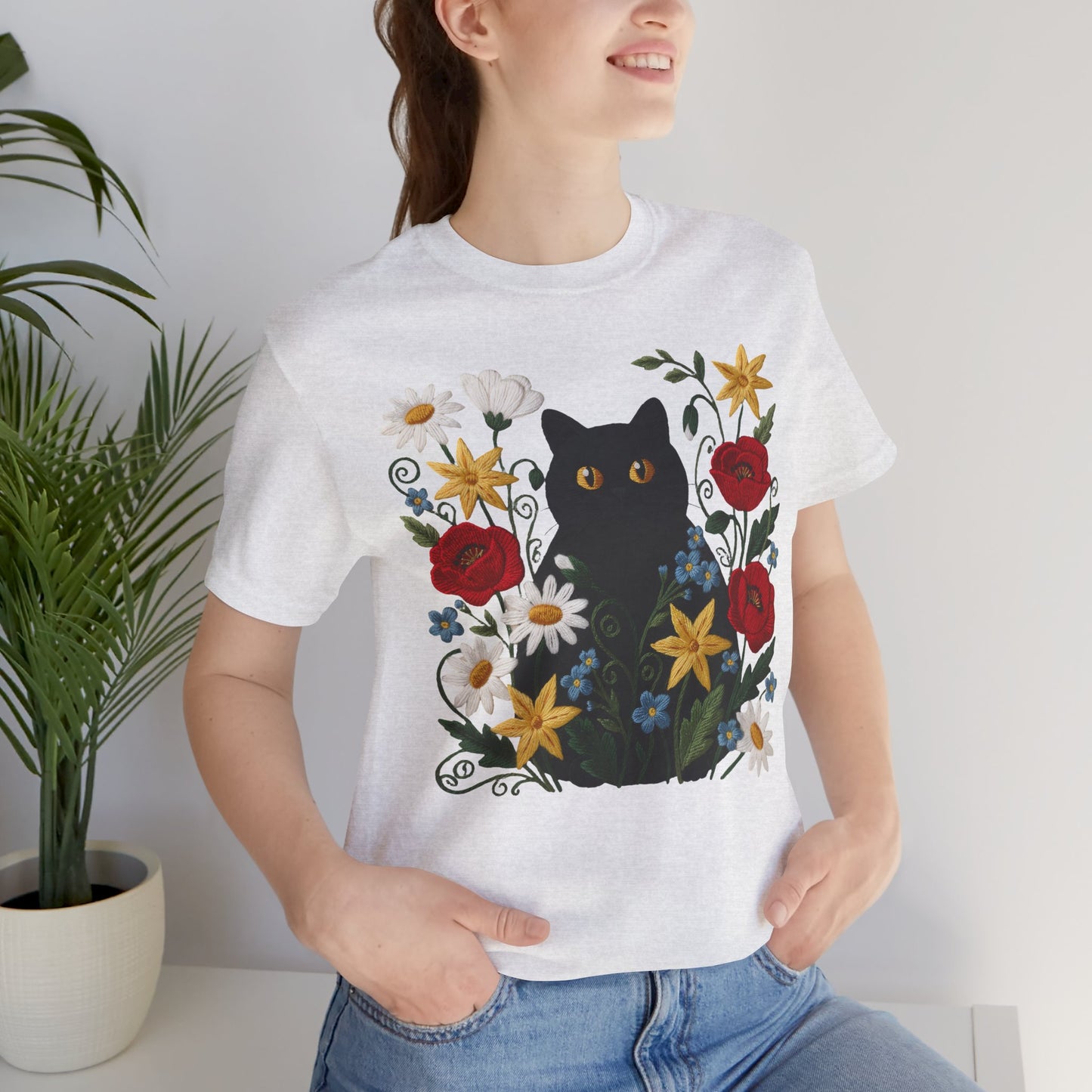 Black Cat in Wildflowers T-Shirt — Floral Cat Tee for Cat Lovers - 14921