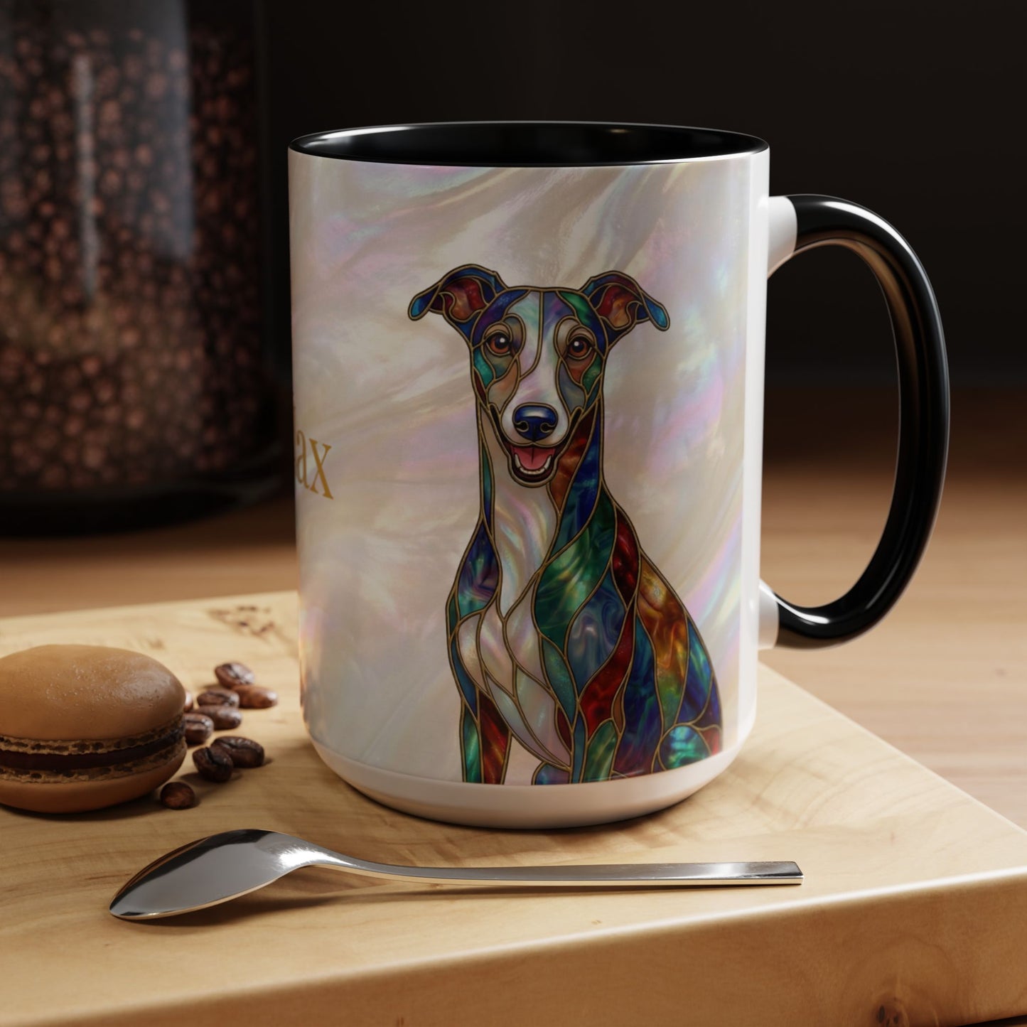 Personalized Greyhound Coffee Mug – Stained Glass Dog Accent Mug (Name Customizable)  - 14523