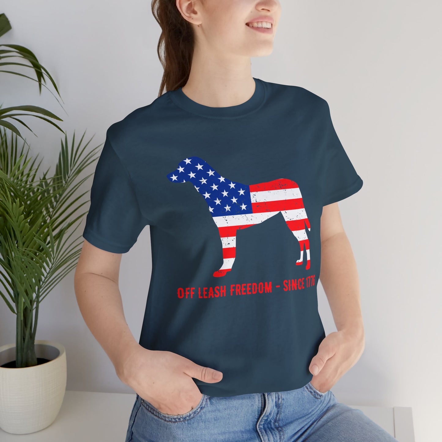 Patriotic Dog Lover Tee | Off Leash Freedom T-shirt, Dog Graphic Shirt, Fourth of July Gift, Casual Wear, Pet Lover Apparel - 13790