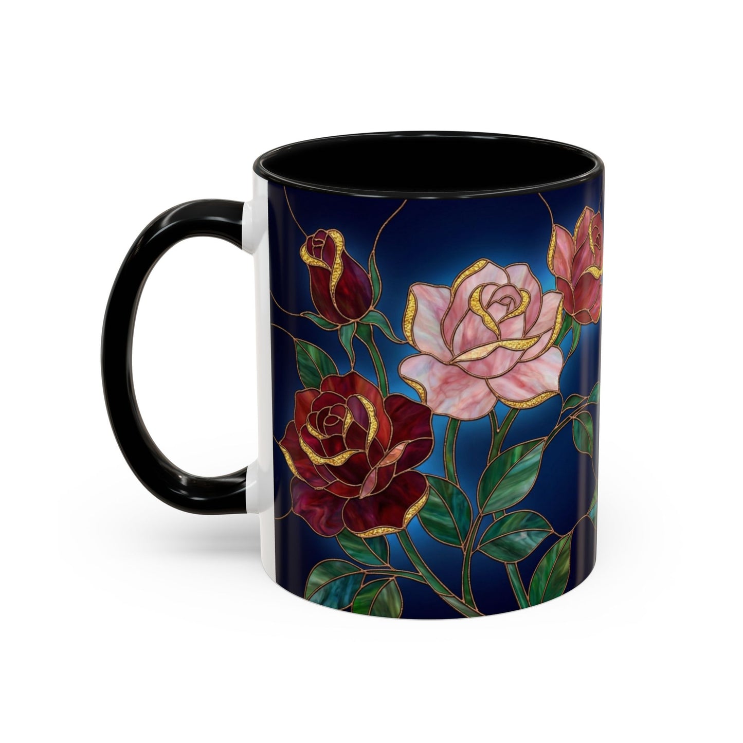 Rose Floral Accent Coffee Mug – Stained Glass Design (11/15oz) - 14551