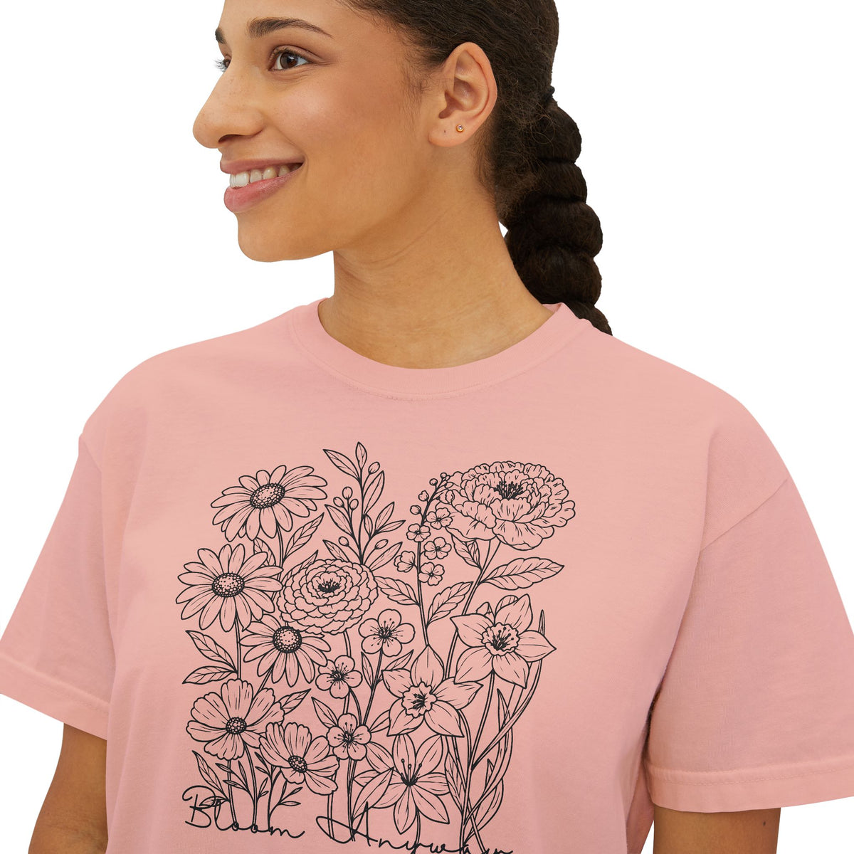 Floral Line Art Boxy T-Shirt, Women’s Botanical Sketch Tee - 14987