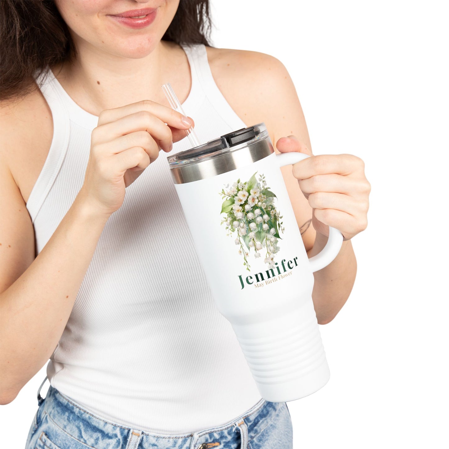 40oz Personalized Travel Mug – May Birth Flower Lily of the Valley Tumbler - 14891