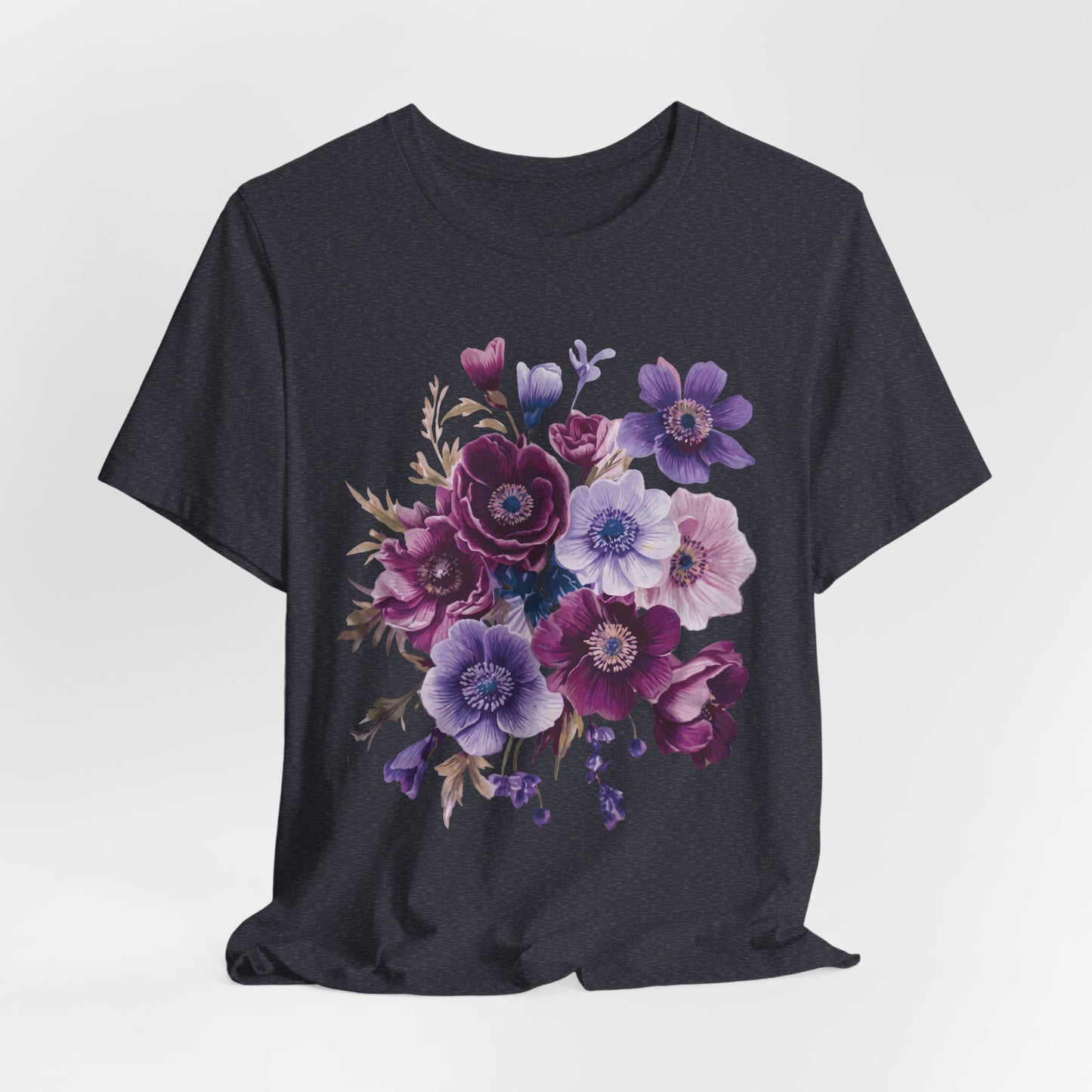 Purple Anemone Bouquet T-Shirt, Watercolor Floral Flower Tee - 14947