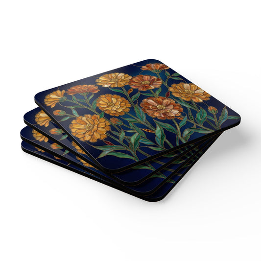 Marigold Floral  Cork Coaster Set – Vintage Bouquet Drink Coasters (4-Pack) - 14620