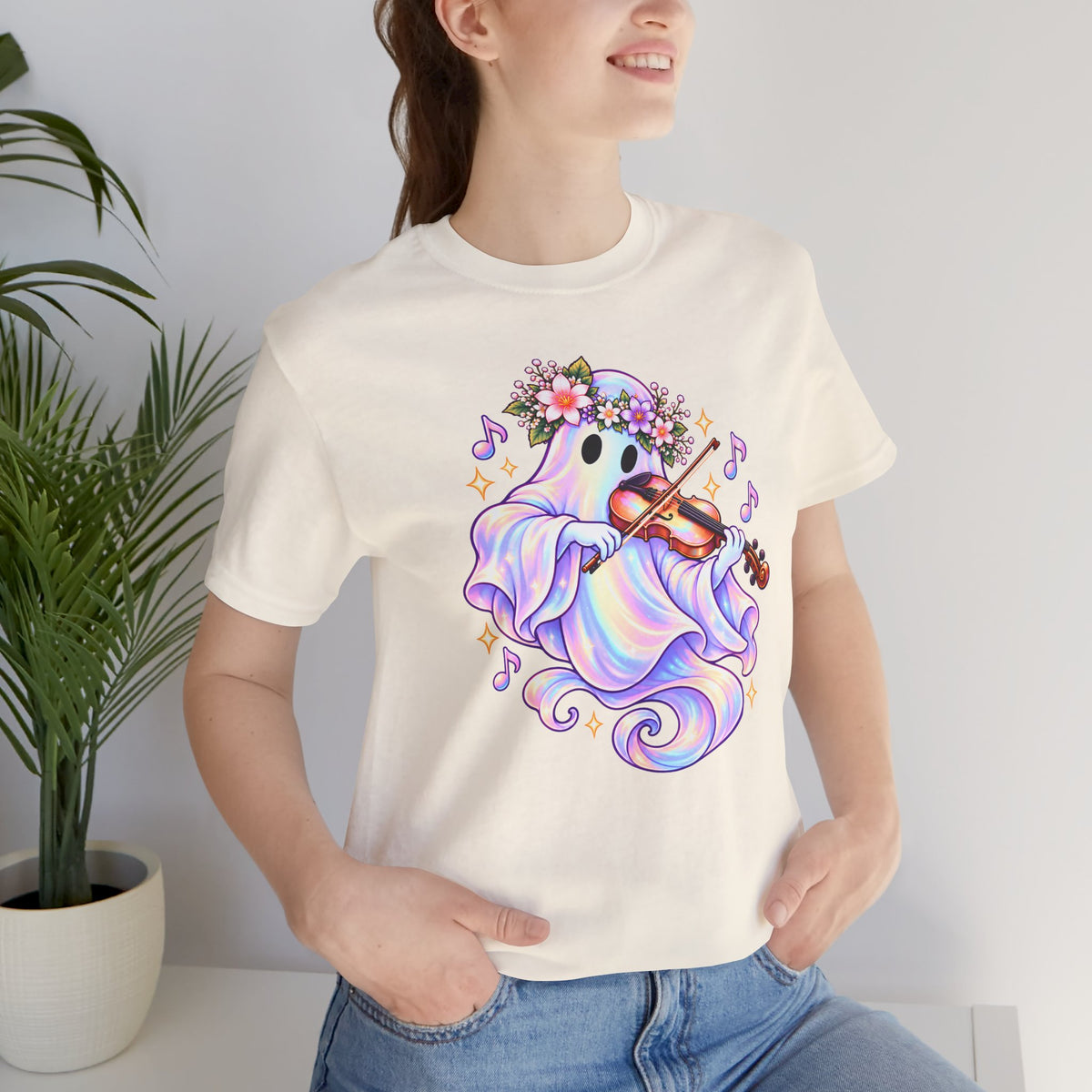 Ghost Violin T-Shirt, Cute Pastel Floral Music Lover Tee - 14528