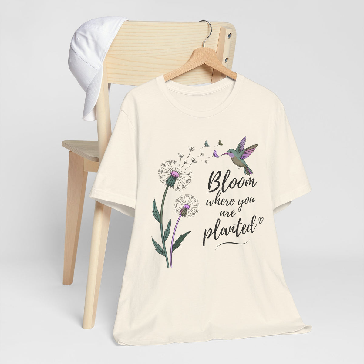Bloom Where You Are Planted T-Shirt, Hummingbird & Dandelion Floral Graphic Tee - 14927