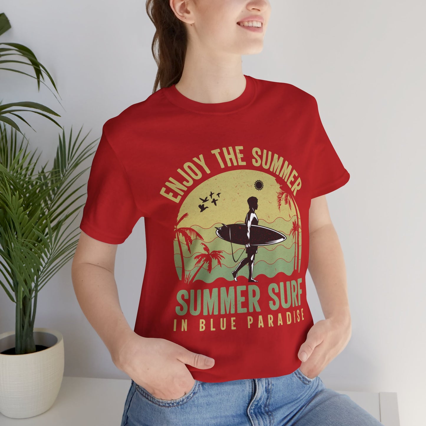 Enjoy The Summer, Summer Surf In Blue Paradise - Unisex Jersey Short Sleeve Tee