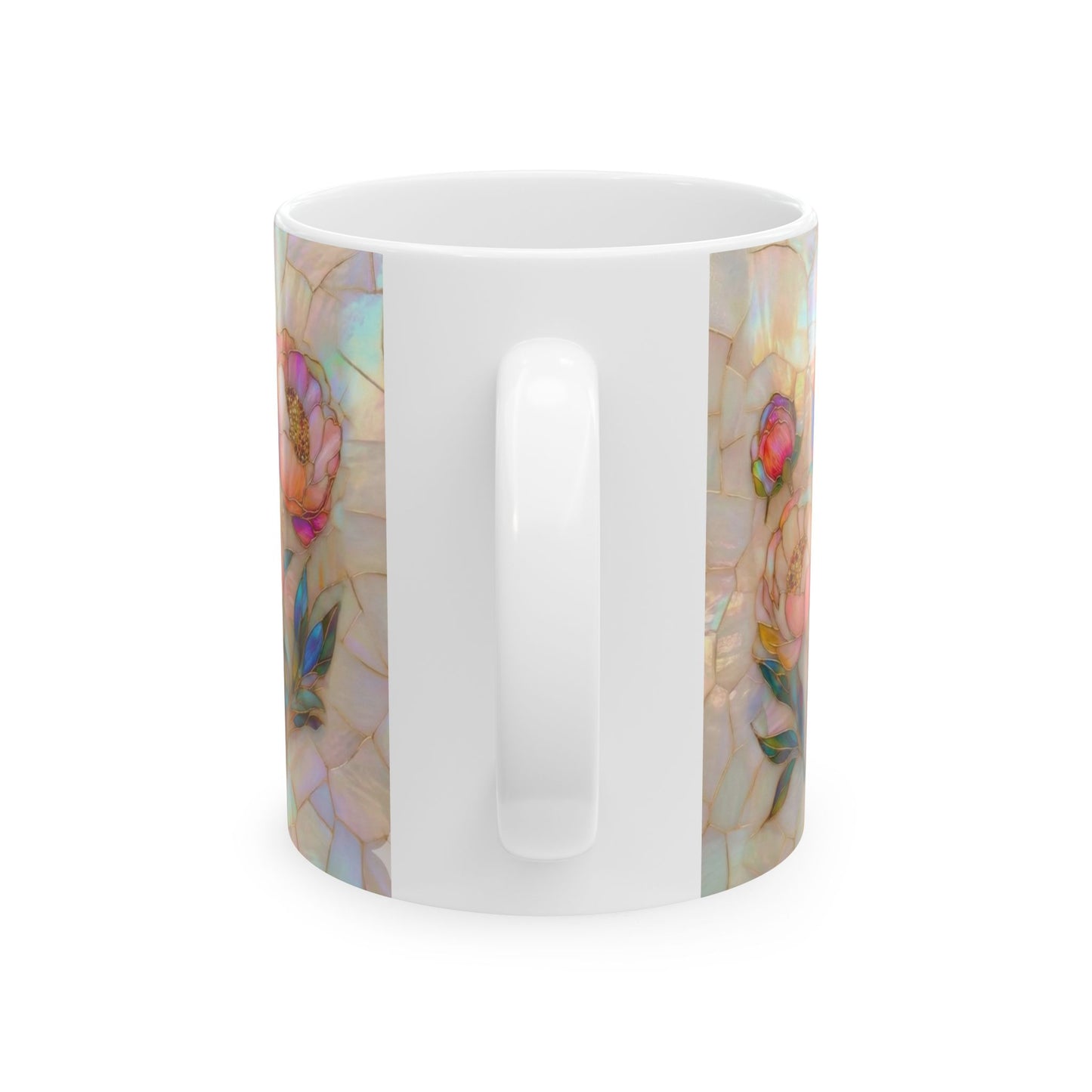 Floral Mosaic Ceramic Mug — Iridescent Peony Stained-Glass Design (11oz & 15oz) - 14518