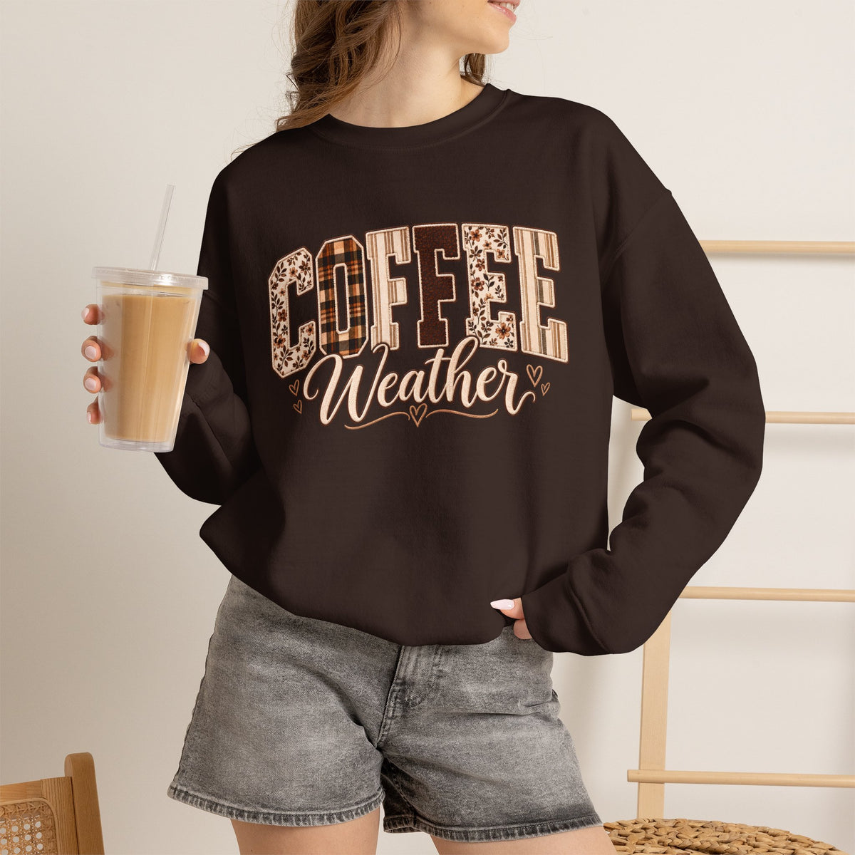 Coffee Weather Sweatshirt, Patchwork Floral Plaid Cozy Crewneck - 14997