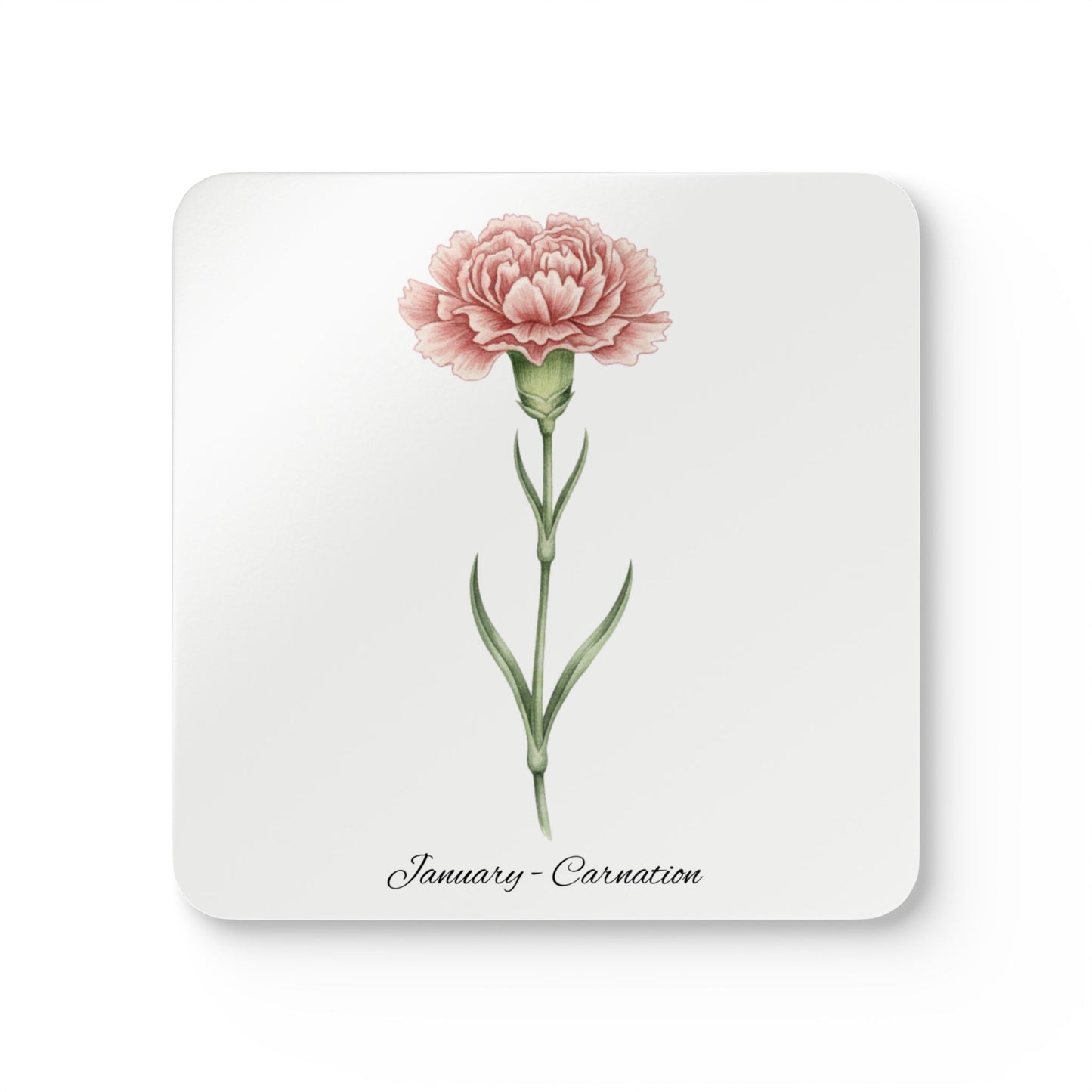 January Birth Flower Carnation Cork Coaster Set – Personalized Name Gift - 14693