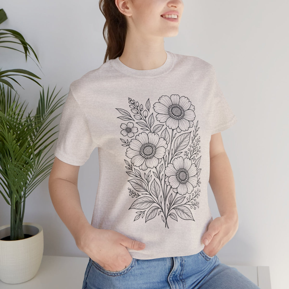 Vintage Floral Line Art T-Shirt, Botanical Wildflower Tee - 14561