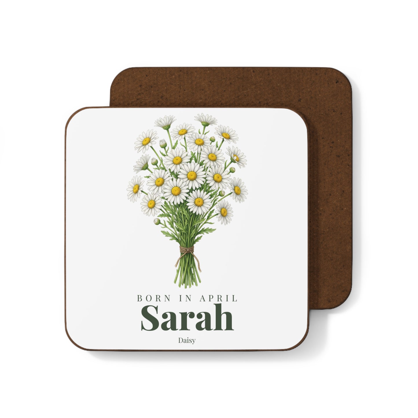 Personalized April Daisy Birth Flower Coaster – Custom Name Hardboard Drink Coaster, April Birthday Gift - 14838
