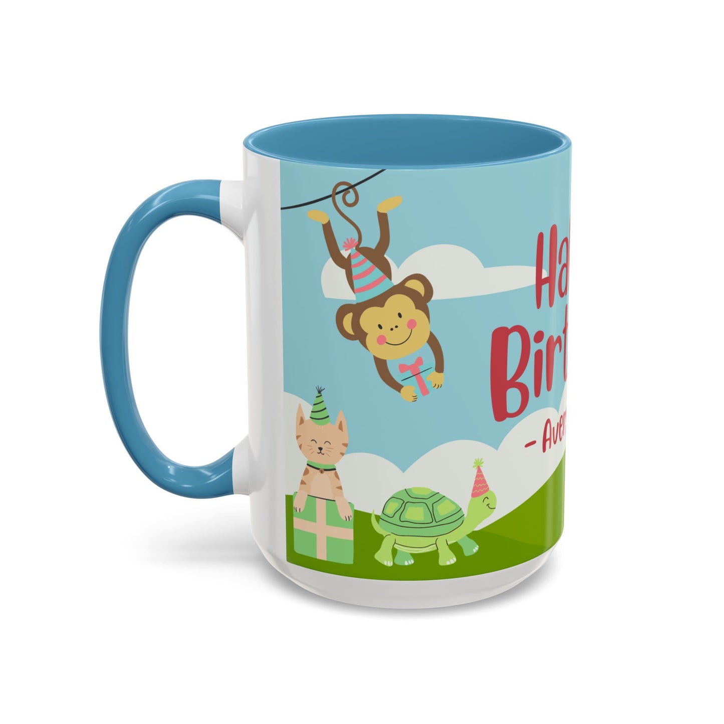 Cute Animals, Happy Birthday, Name Customizable - Accent Coffee Mug (11, 15oz) - 11140
