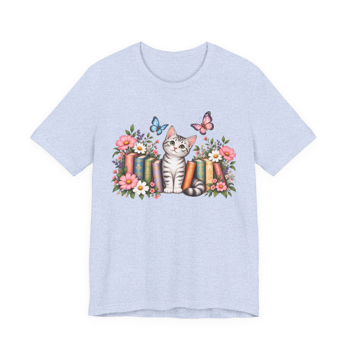 Cat & Books T-Shirt, Cute Floral Kitten & Butterfly Tee - 14526