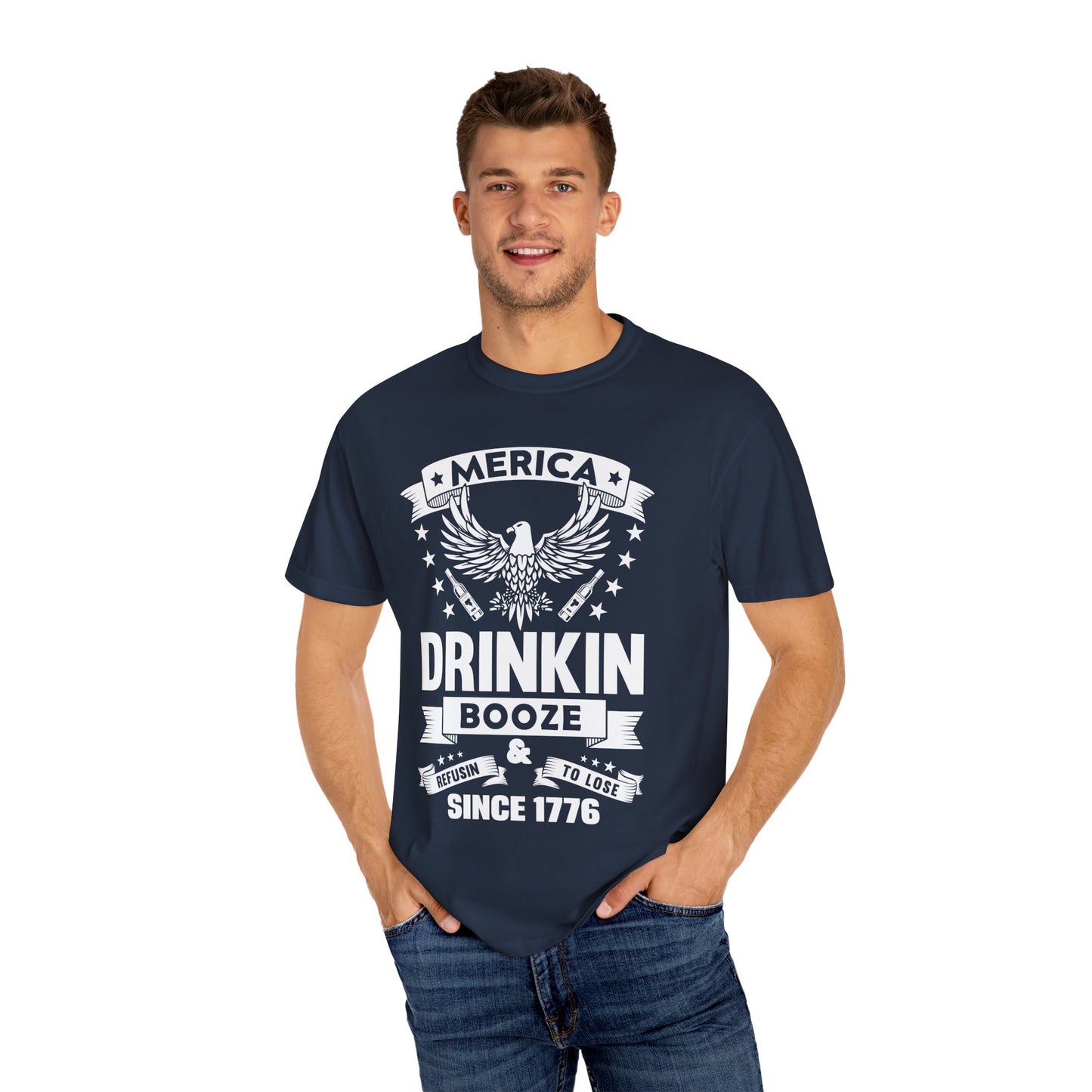 Patriotic Graphic Tee, Unisex Vintage T-shirt, Amerca Drinking Booze Shirt, Independence Day Gift, Casual Wear, Freedom Fashion - 13788