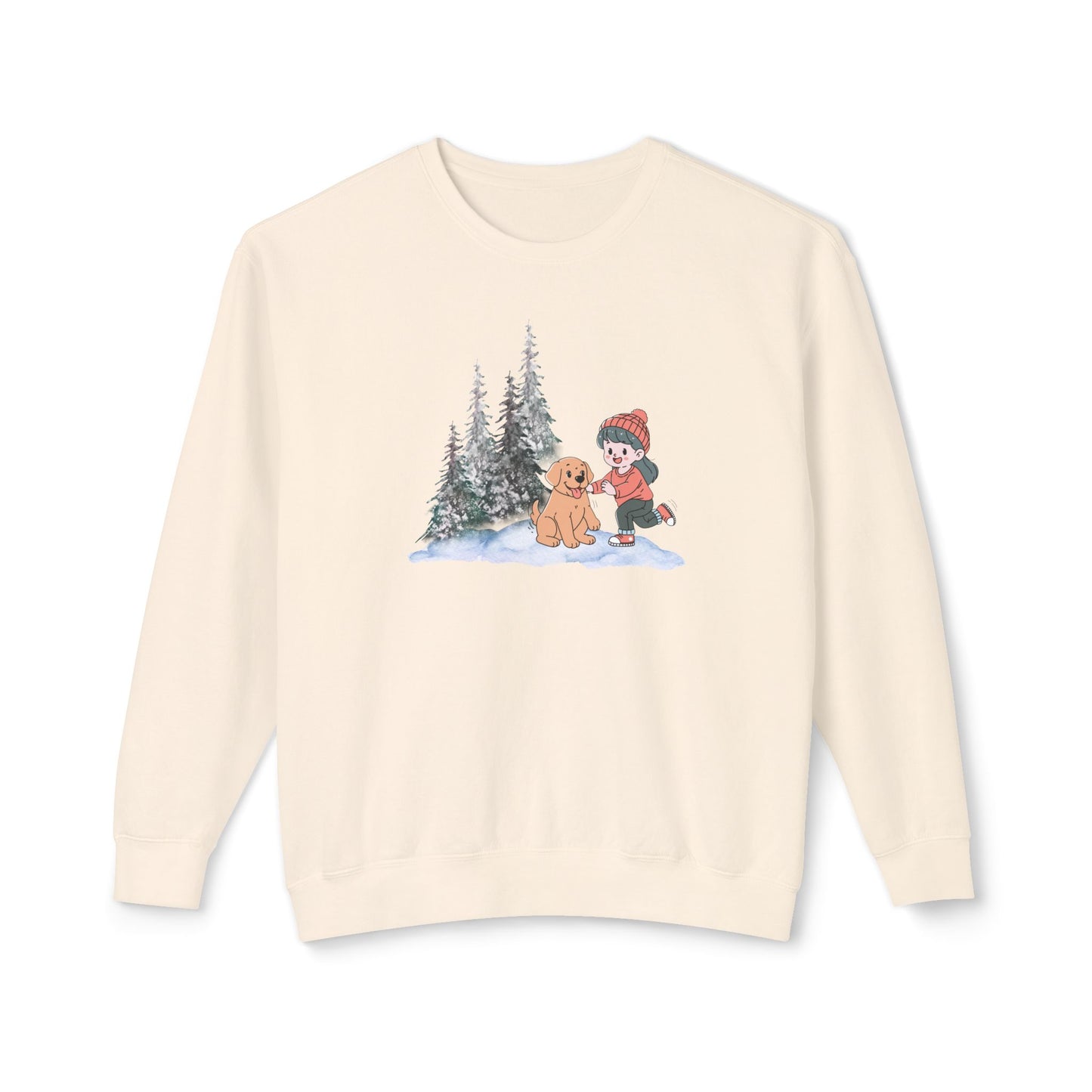 Winter Trees, Girl & Doggy - Unisex Lightweight Crewneck Sweatshirt - 10262