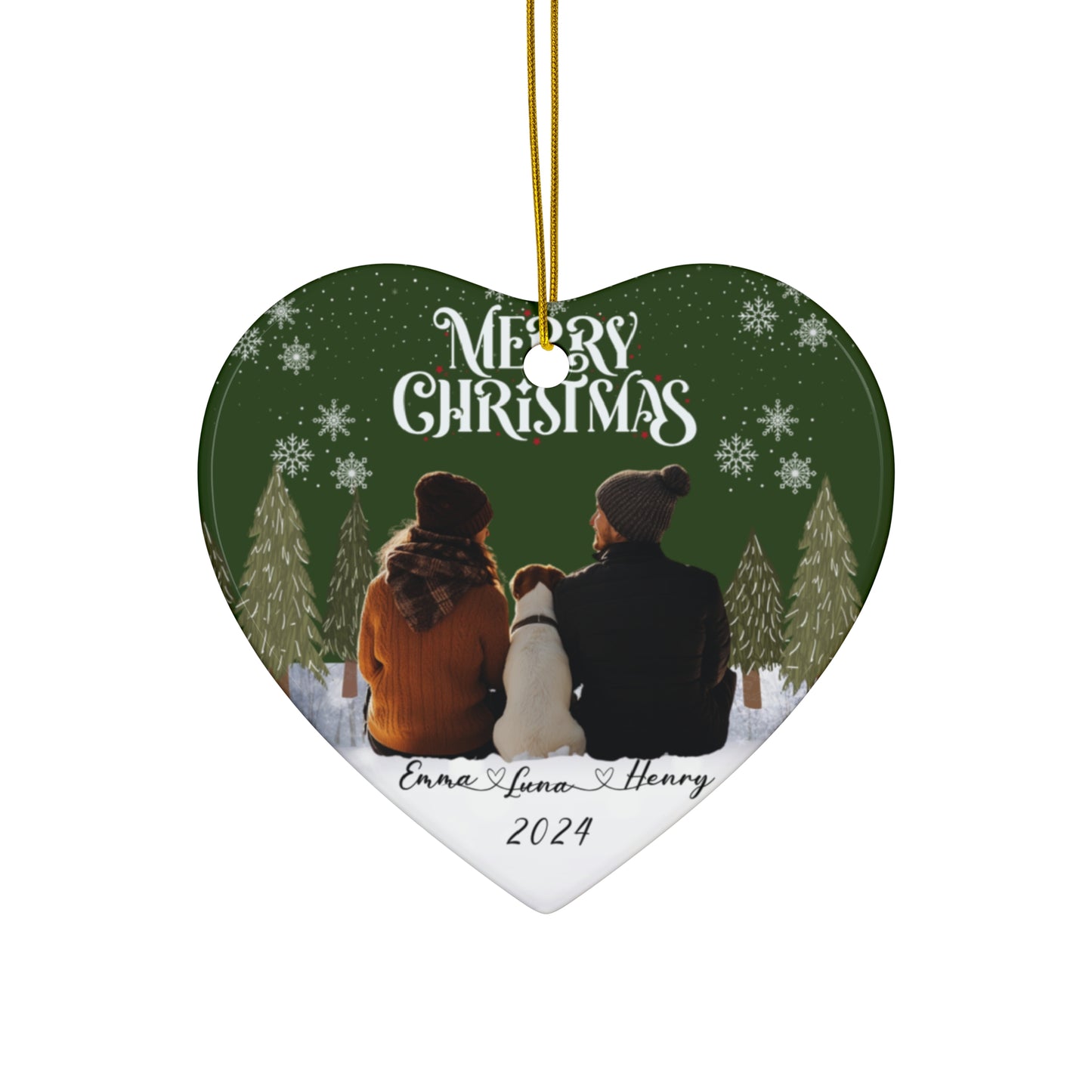 Couple With A Dog, Customizable -  Ceramic Ornament, 4 Shapes - 10032