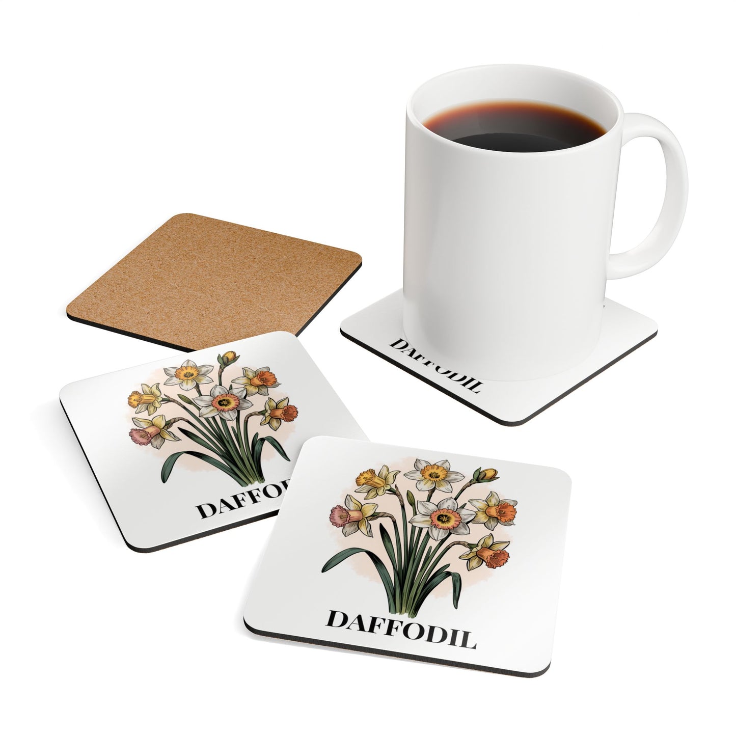 March Birth Flower Daffodil Coaster Set – Personalized Name Cork Gift for March Birthday - 14815