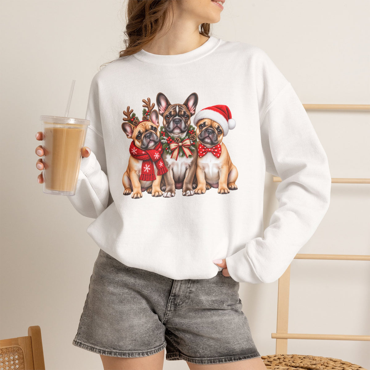 Christmas French Bulldog Sweatshirt, Cute Festive Frenchie Crewneck - 14556