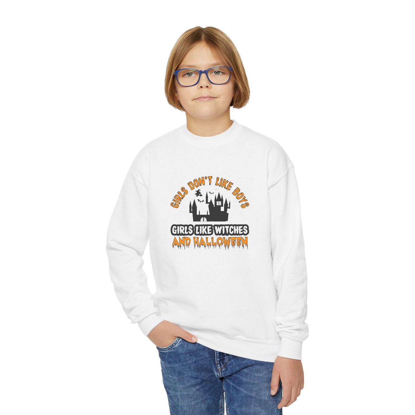 Girls Don't Like Boys. Girls Like Witches and Halloween - Youth Crewneck Sweatshirt