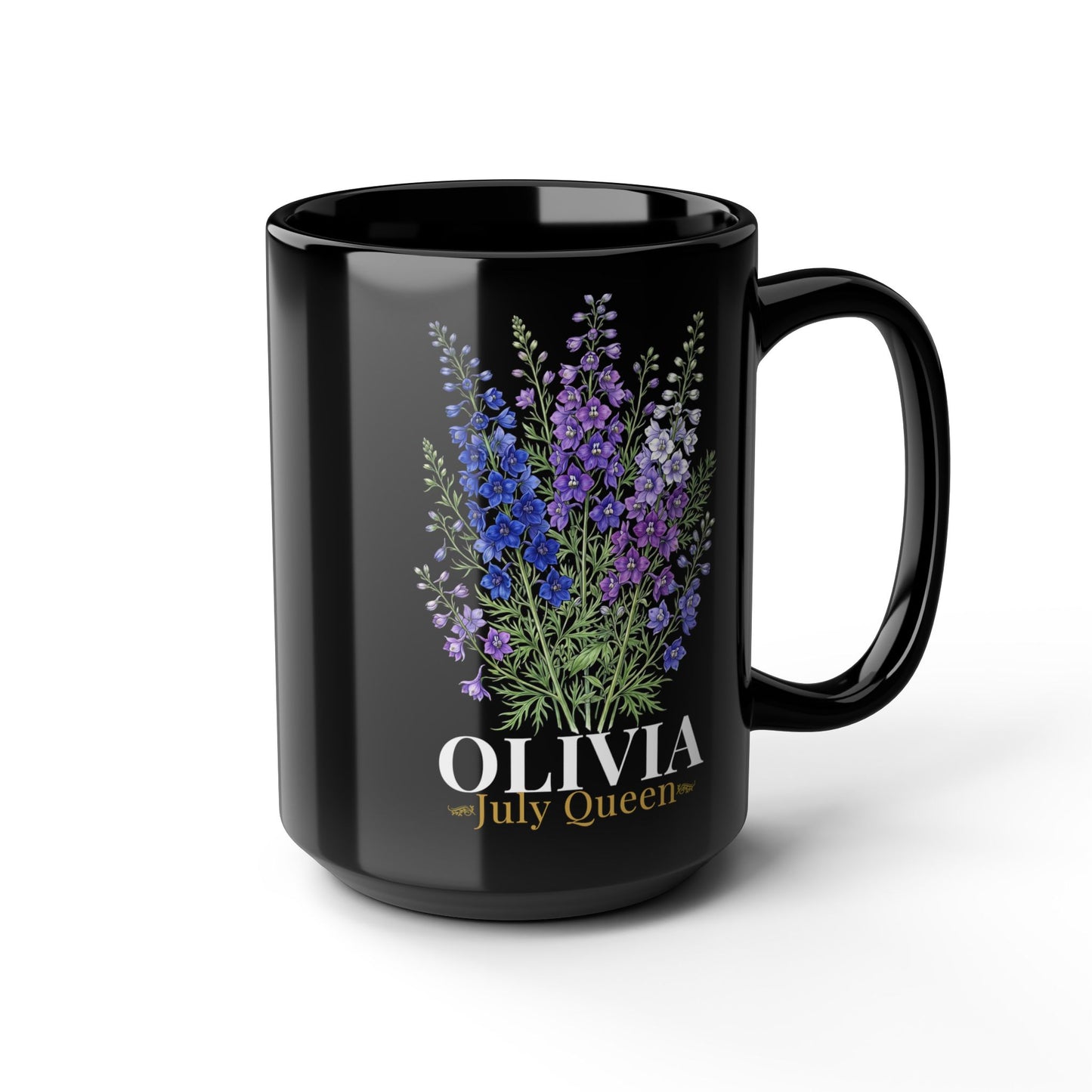 Personalized July Birth Flower Mug – Custom Name Larkspur Floral Coffee Cup, July Queen Gift for Her, Black Mug 11oz 15oz - 14905