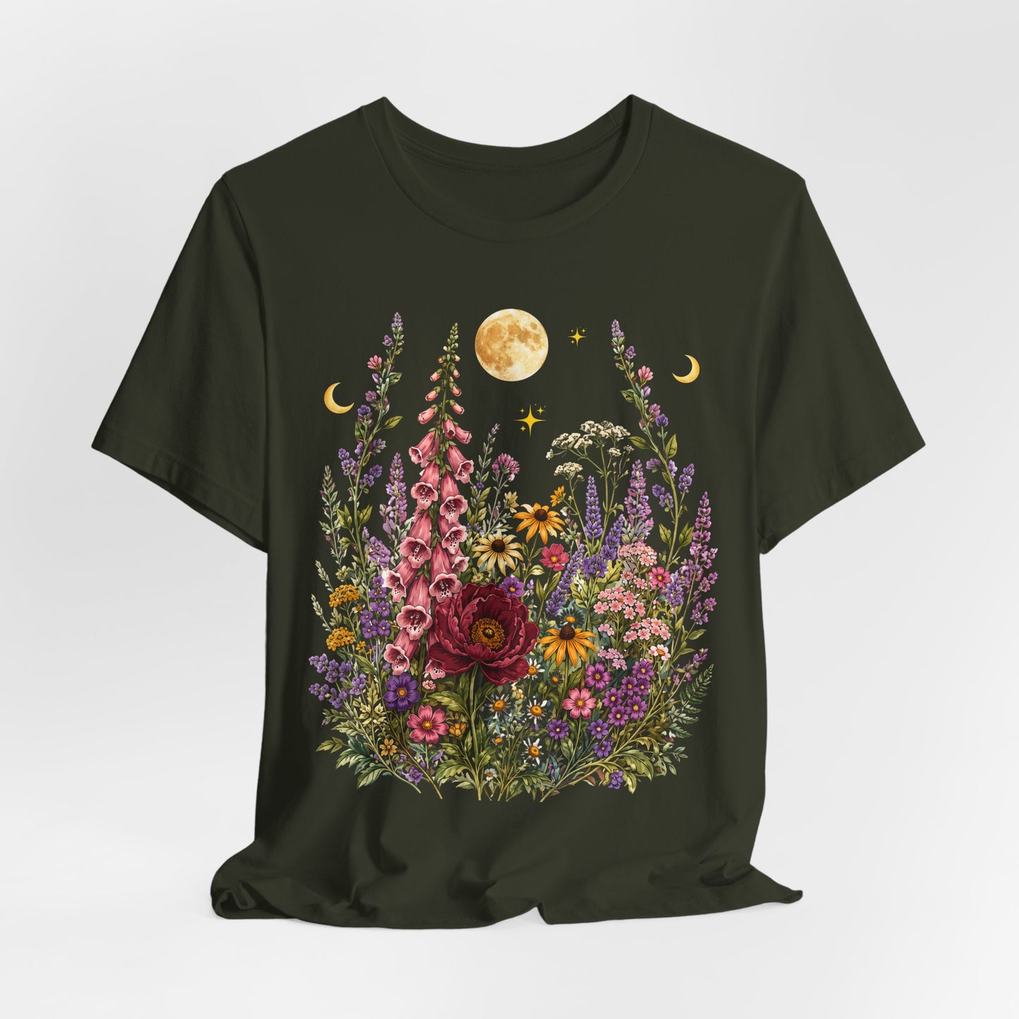 Floral Moon Garden T-Shirt, Vintage Wildflower & Celestial Graphic Tee - 14961