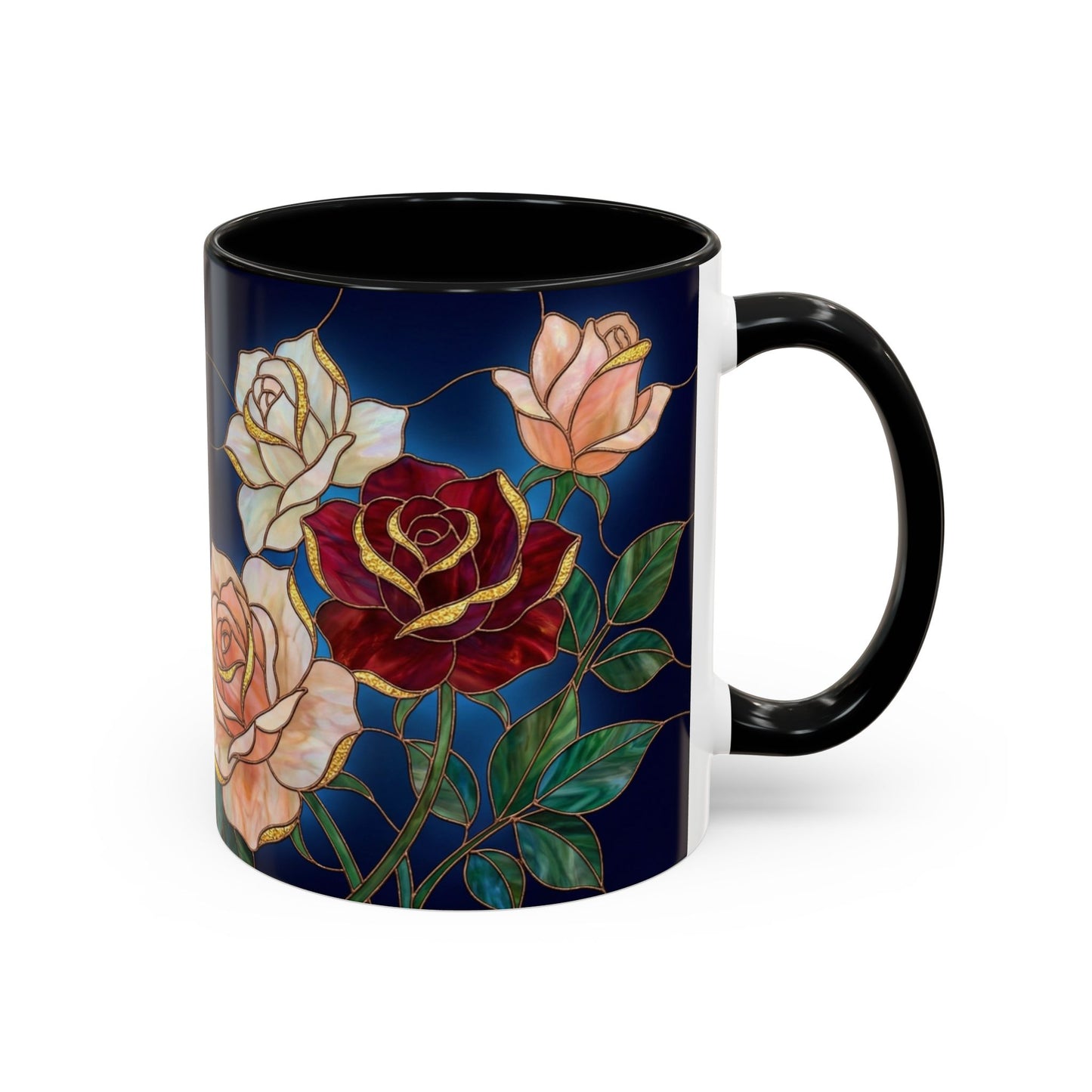Rose Floral Accent Coffee Mug – Stained Glass Design (11/15oz) - 14551