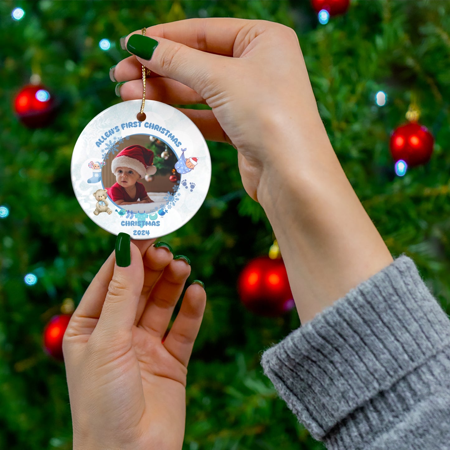 Christmas, Family Photos, Customizable - Ceramic Ornament, 4 Shapes - 10036