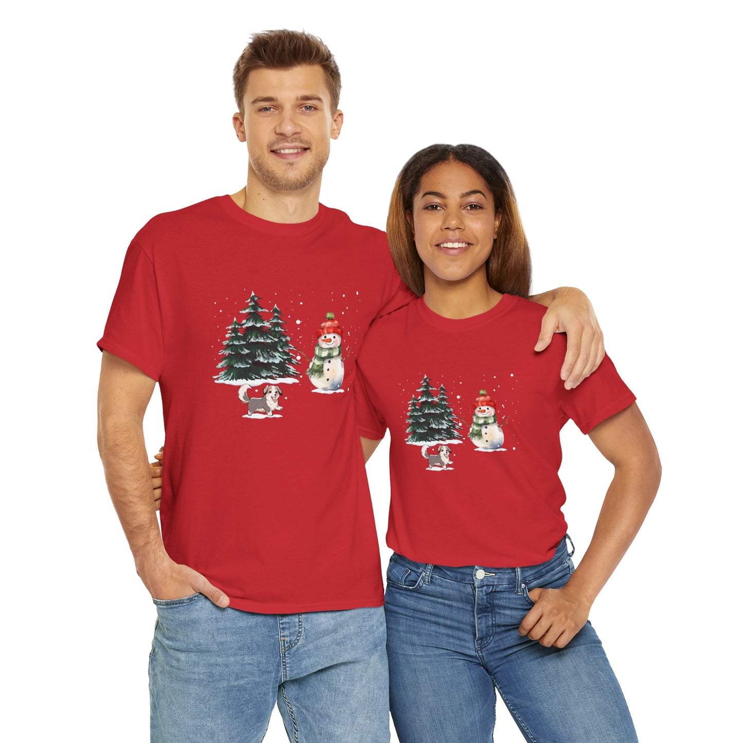 Winter Trees, Snowman & Puppy - Unisex Heavy Cotton Tee - 10278