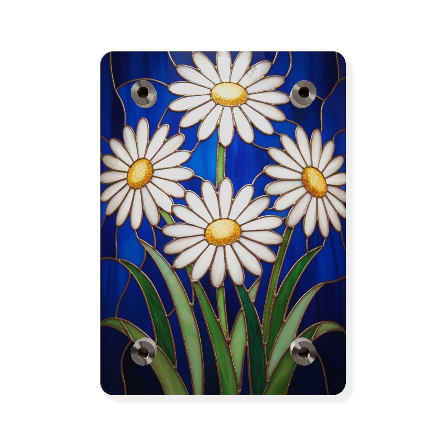 Daisy Stained-Glass Acrylic Wall Art Panel — White Daisies on Deep Blue Background - 14602
