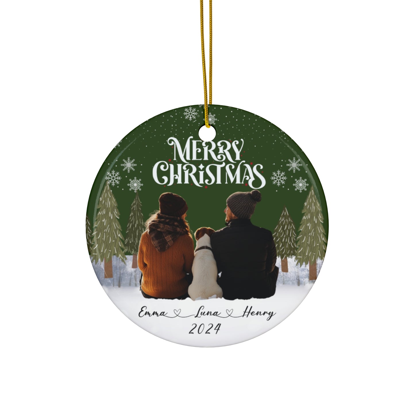 Couple With A Dog, Customizable -  Ceramic Ornament, 4 Shapes - 10032