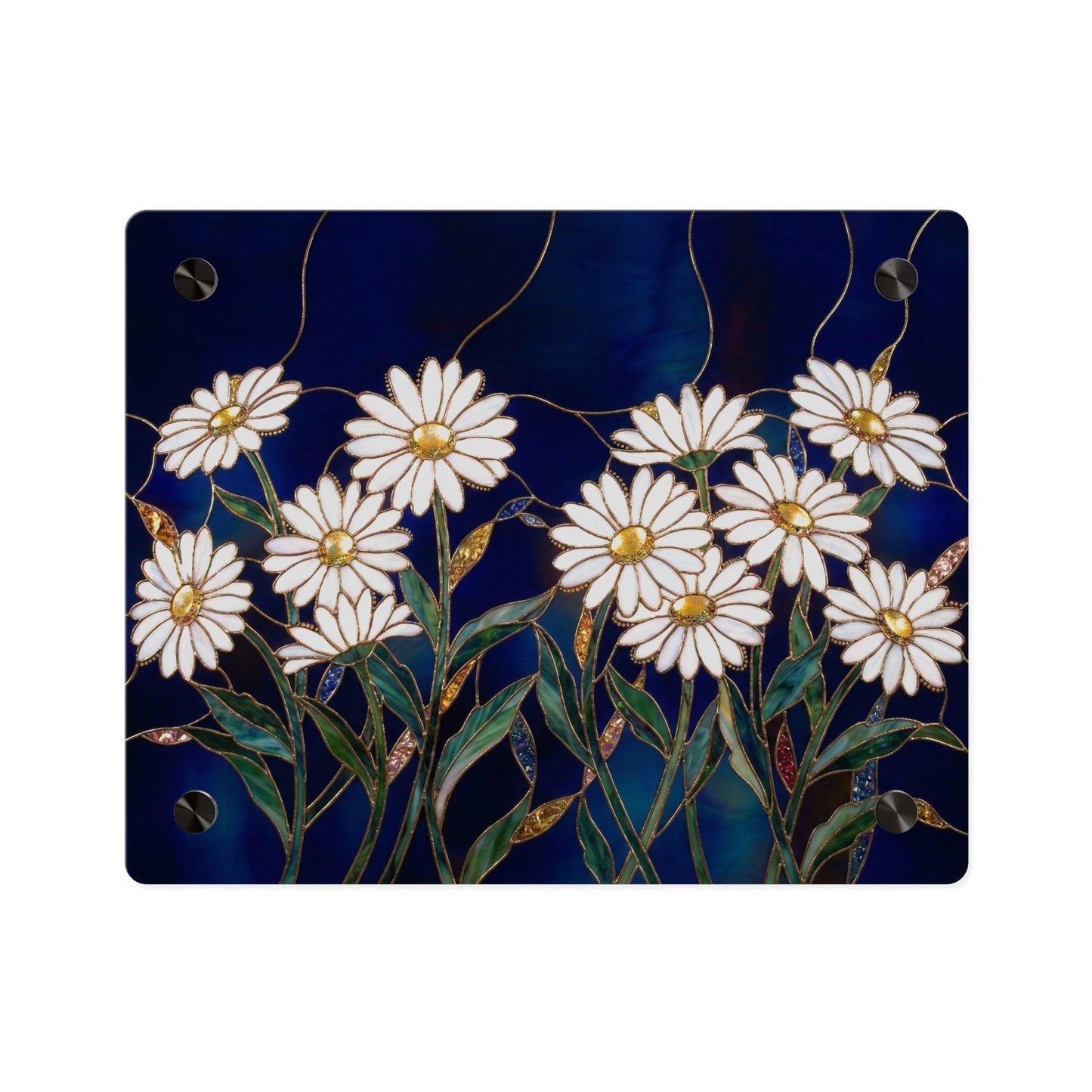 Daisy Stained-Glass Acrylic Wall Art Panel — White Daisies on Deep Blue Background - 14602
