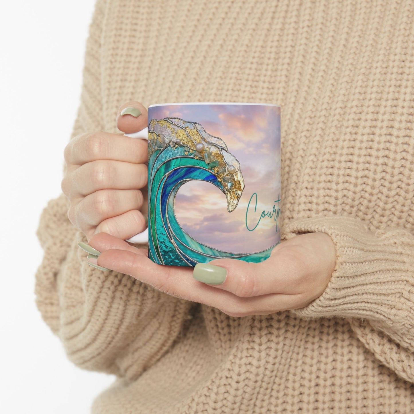 Personalized Ocean Wave Mug – Turquoise Coastal Ceramic Coffee Cup - 14899