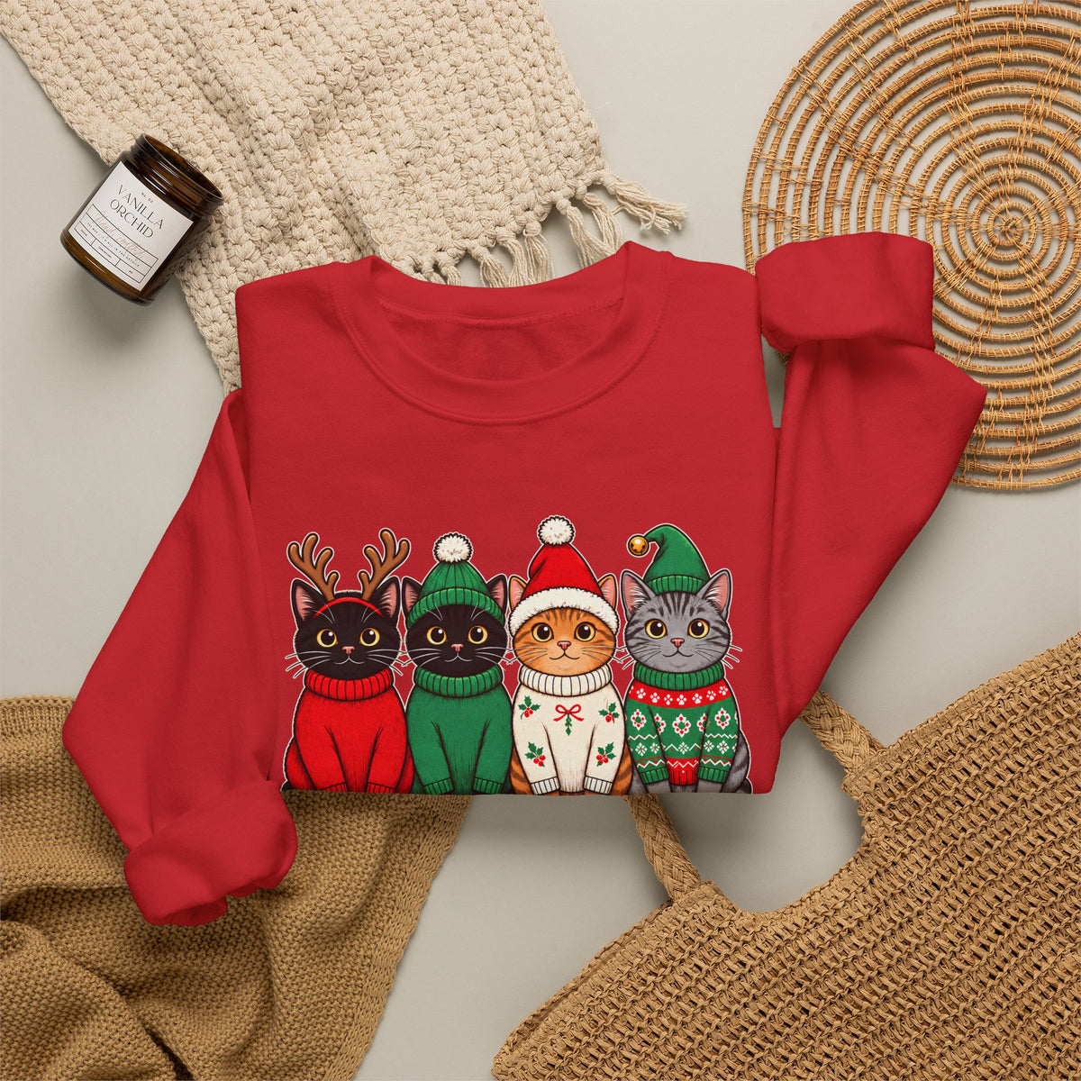 Feline Festive Sweatshirt, Cute Christmas Cats Crewneck - 14564