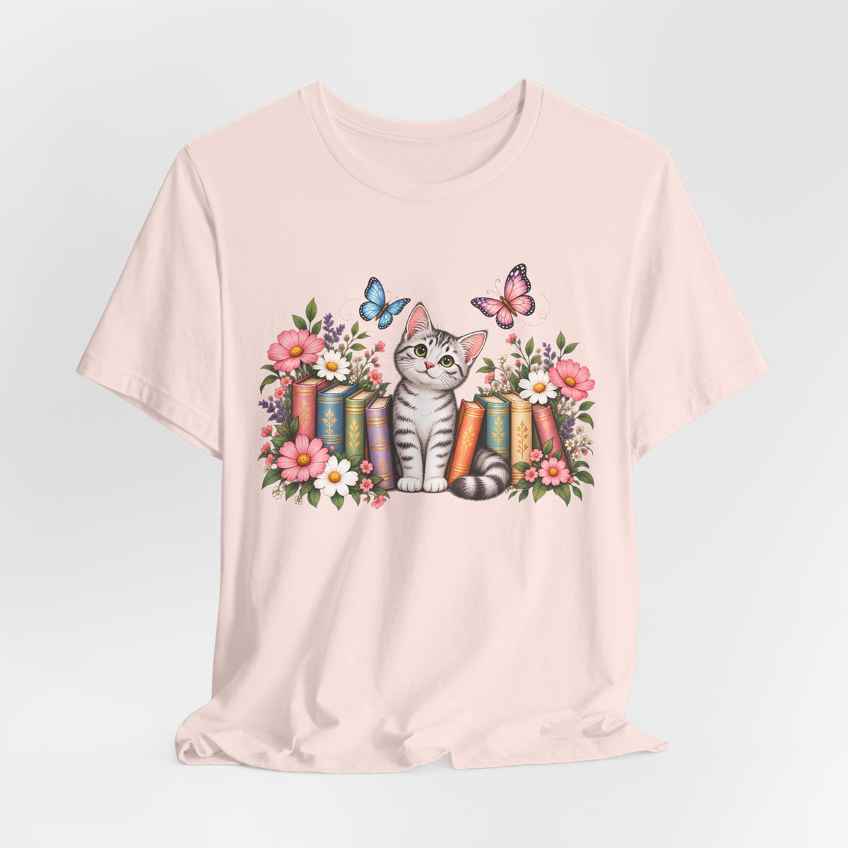 Cat & Books T-Shirt, Cute Floral Kitten & Butterfly Tee - 14526