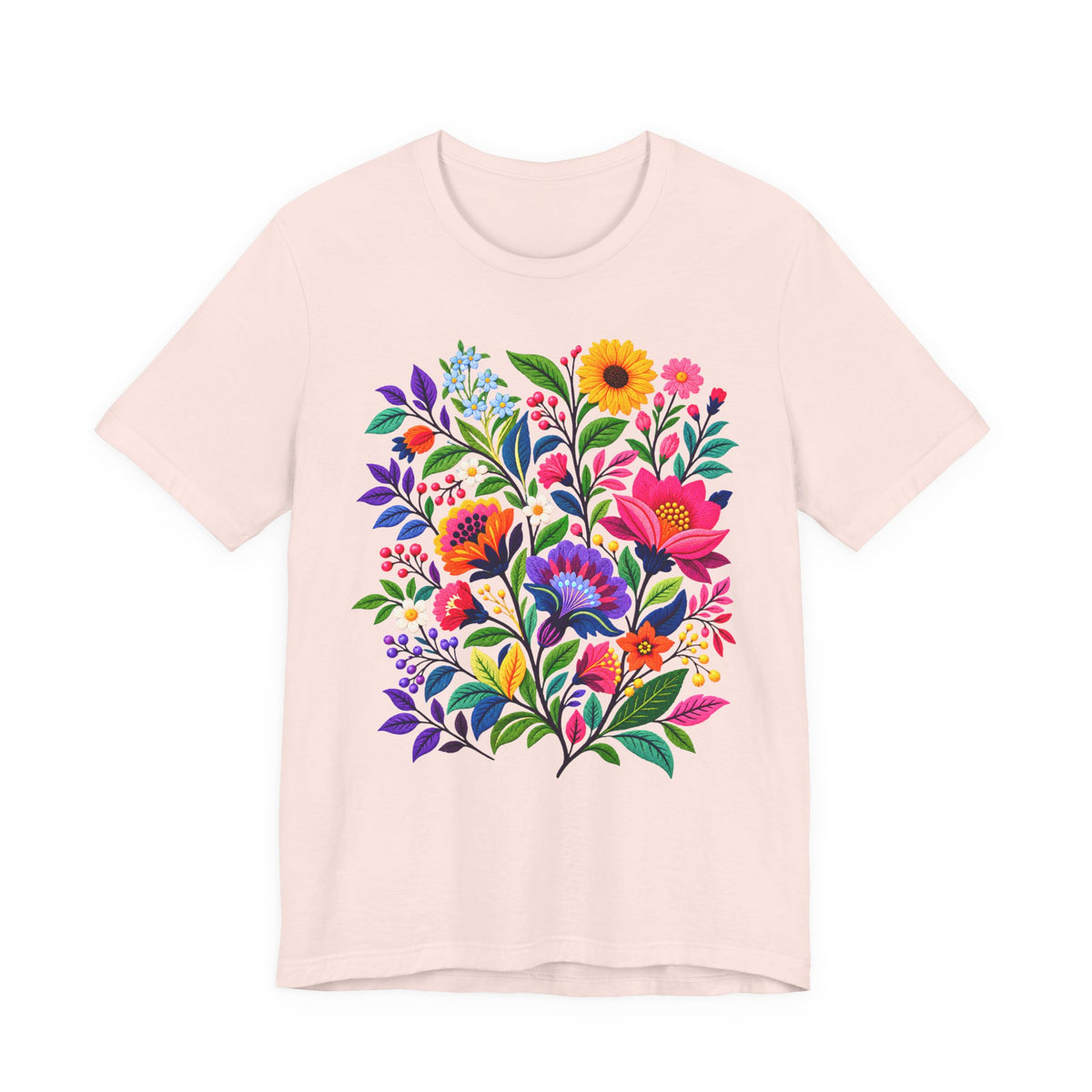 Bright Folk Art Floral T-Shirt, Colorful Flower Bouquet Tee - 14513