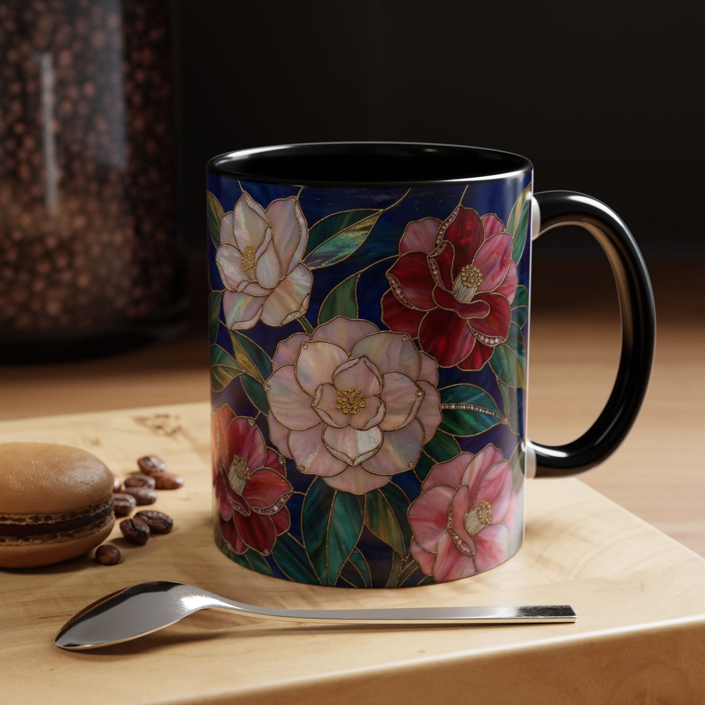 Camellia Floral Accent Coffee Mug — Stained Glass Design (11/15oz) - 14558