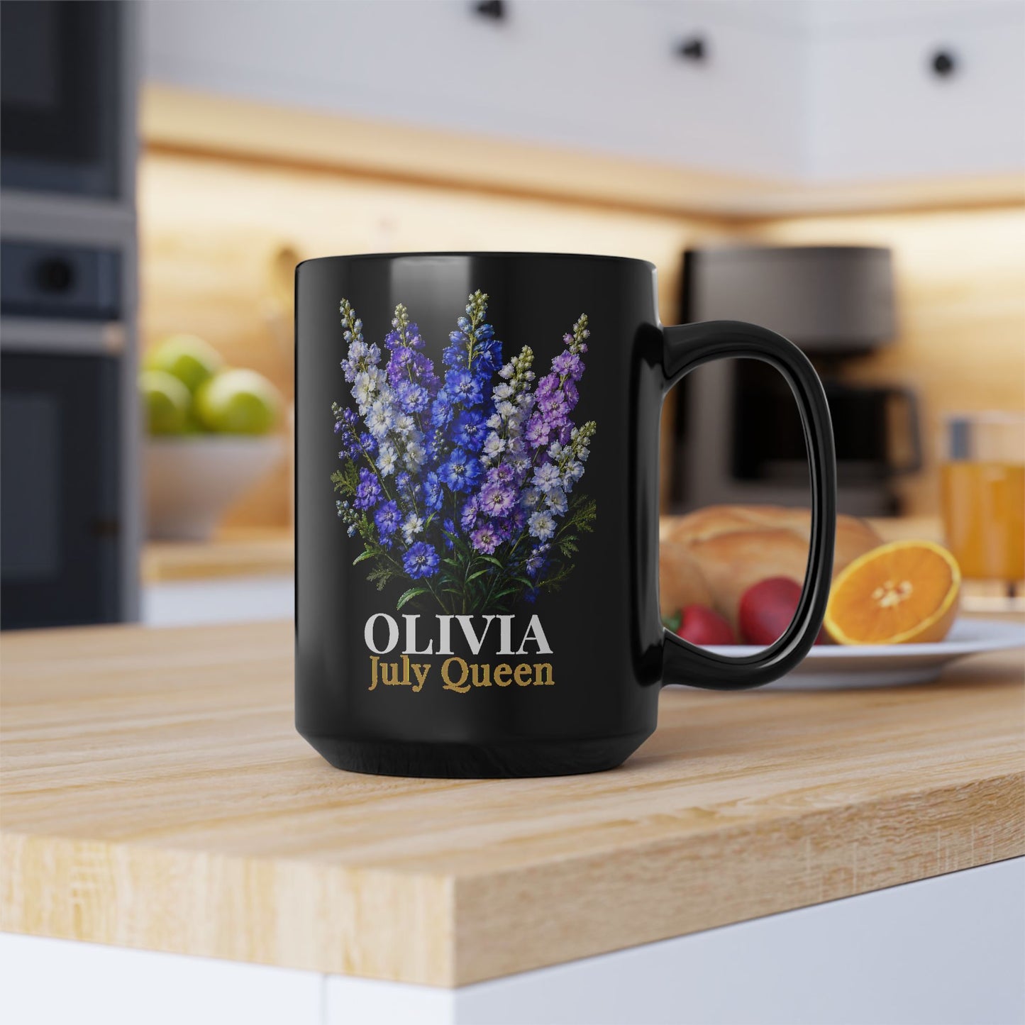 Personalized July Birth Flower Mug – Custom Name Larkspur Floral Coffee Cup, July Queen Gift for Her, Black Mug 11oz 15oz - 14907