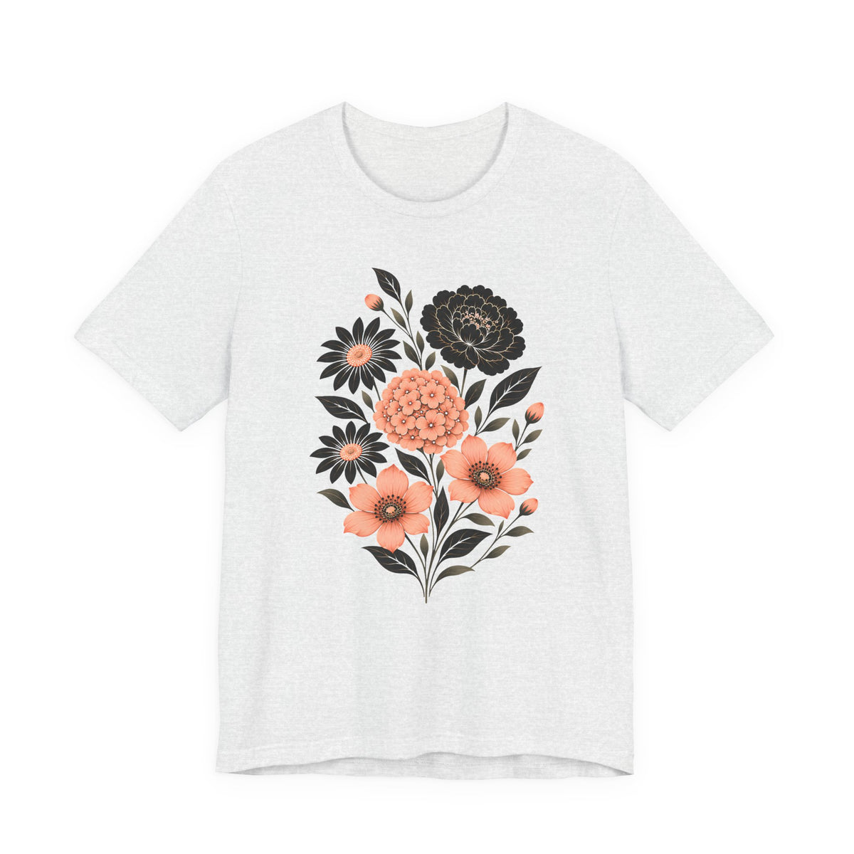 Floral Bouquet T-Shirt, Peach & Black Garden Flower Tee - 14502