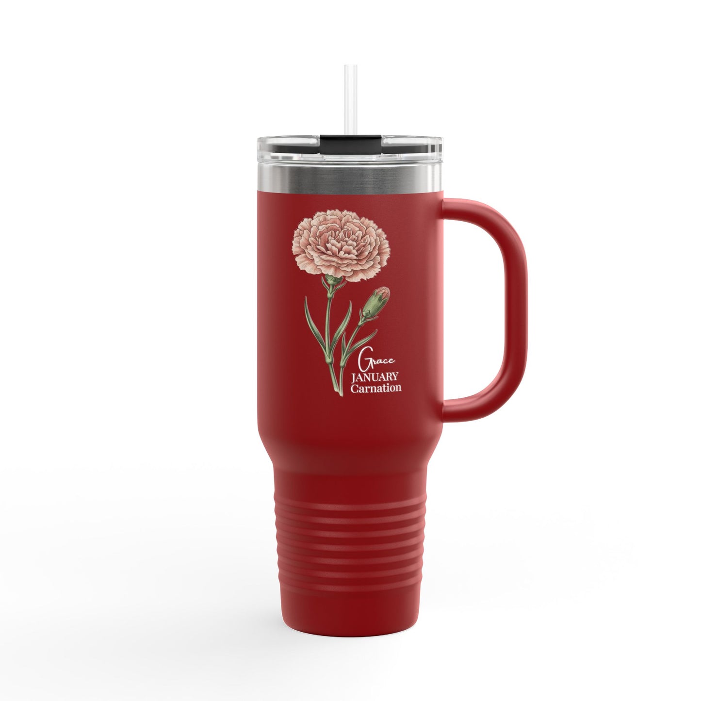 Carnation Floral Tumbler (Expressive) – January Birth Flower Gift | 40oz Insulated Travel Mug, Customizable — 14691