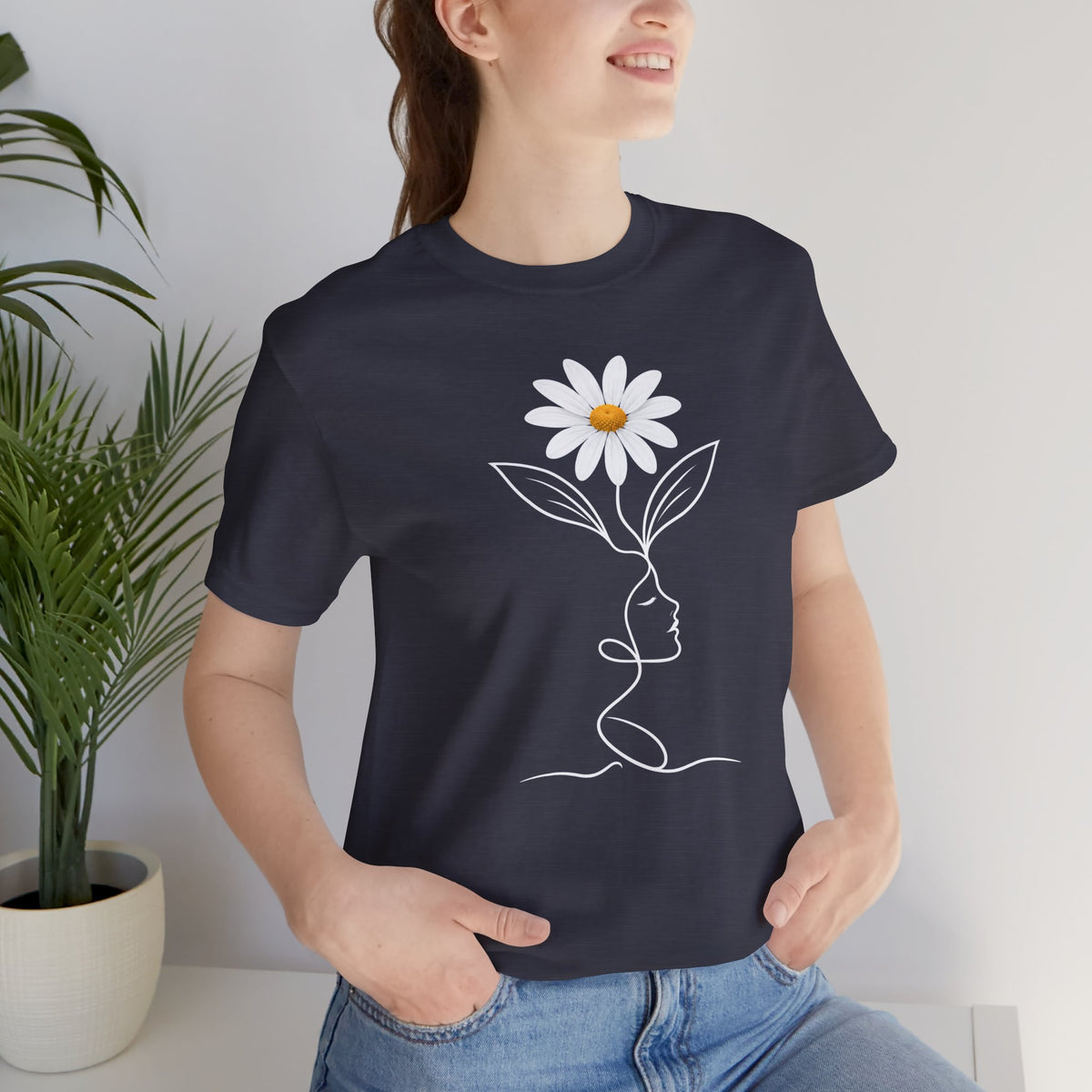 Daisy Woman Face T-Shirt, Minimalist Floral Line Art Tee - 14522