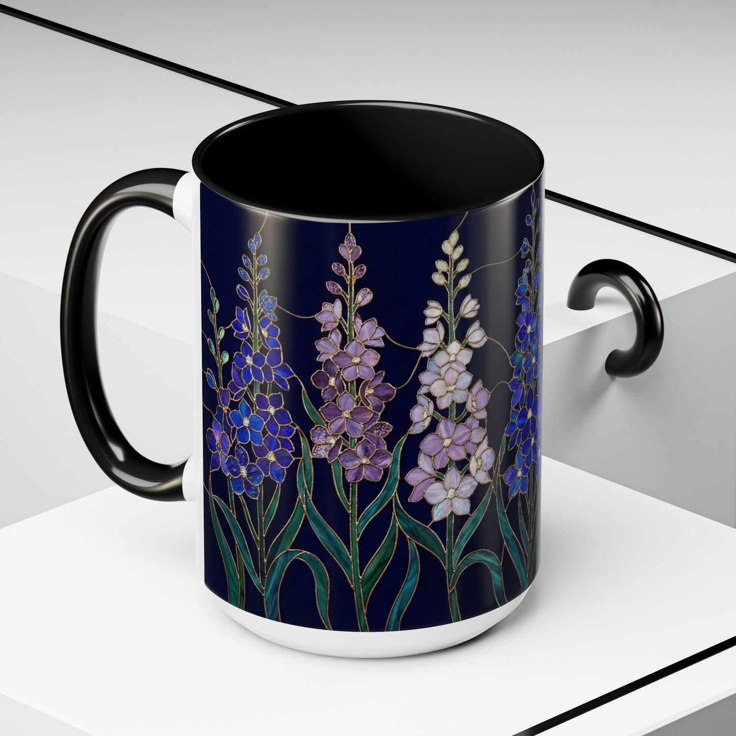 Larkspur Floral Accent Coffee Mug —  Stained-Glass Garden Design (11/15oz) - 14595