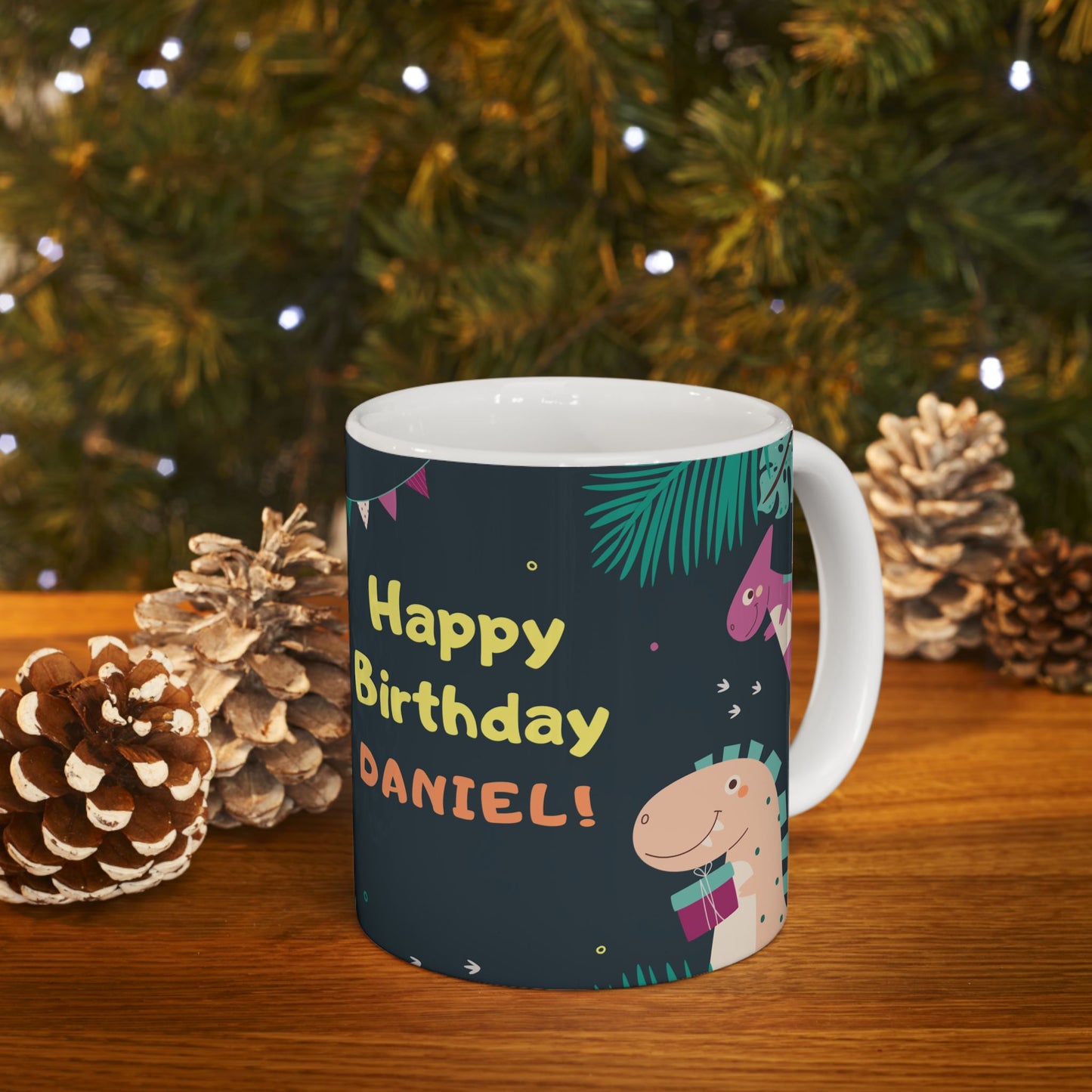 Happy Birthday, Dinosaur Lover, Photo & Name Customizable - Ceramic Mug, (11oz, 15oz) - 11238