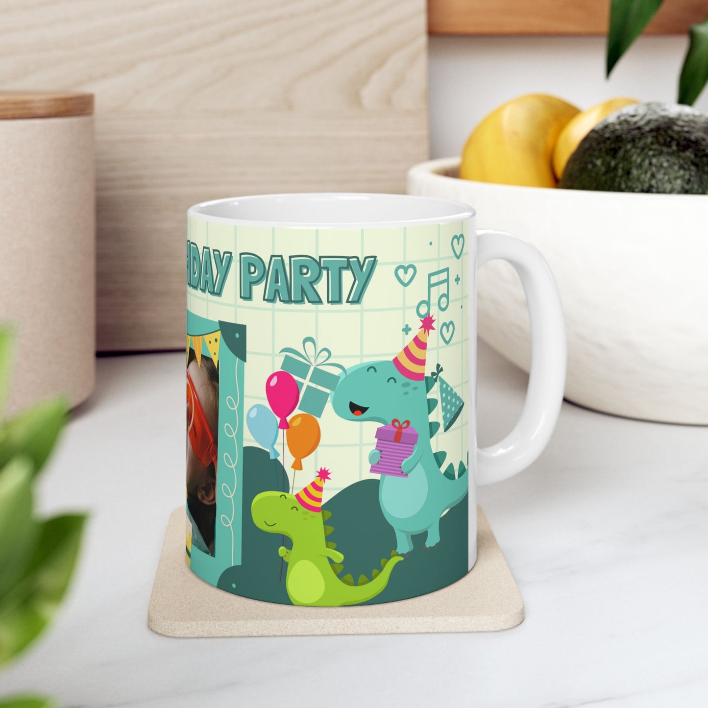 Birthday Party Dino Mug, Fun Kids Mug, Celebration Drinkware, Dinosaur Gift, Party-Themed Ceramic - 14000