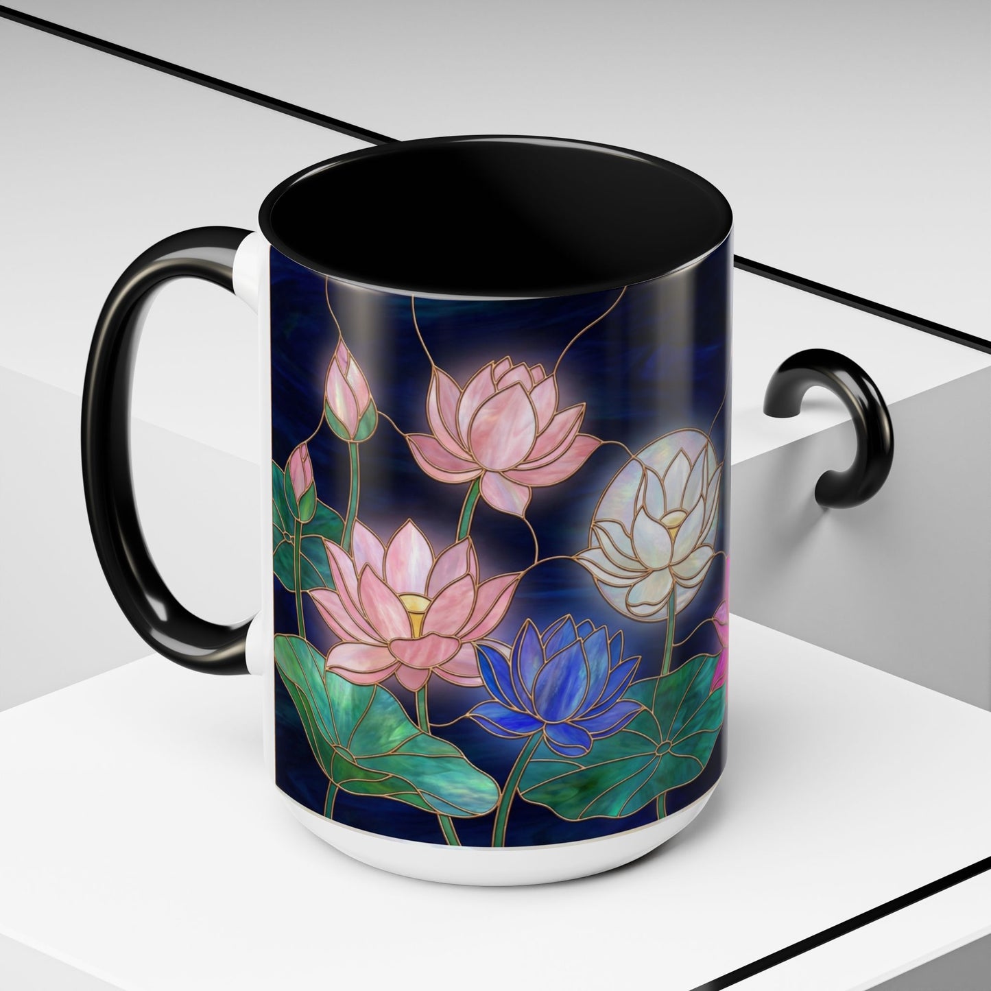 Lotus Floral Accent Coffee Mug — Stained Glass Design (11/15oz) - 14576