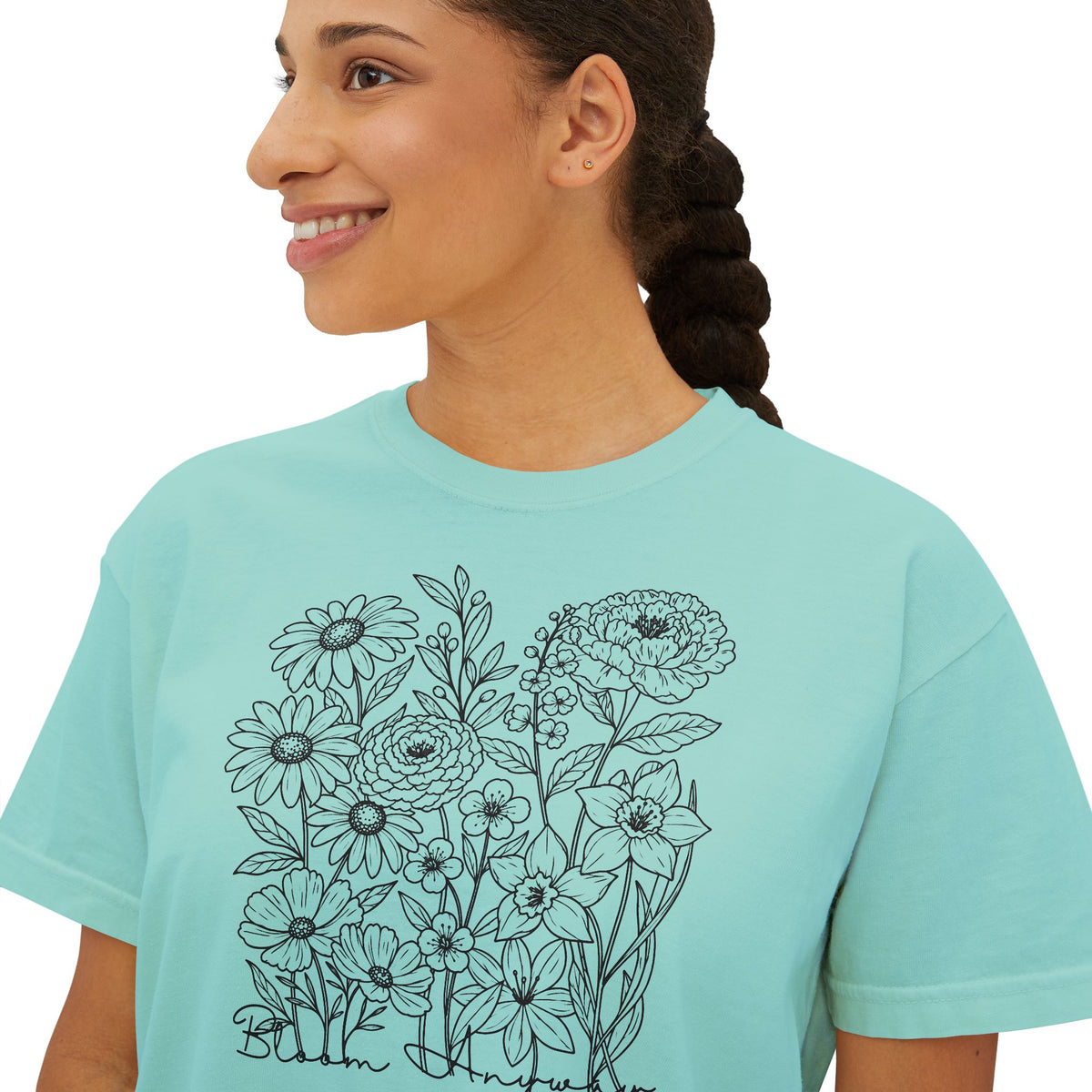 Floral Line Art Boxy T-Shirt, Women’s Botanical Sketch Tee - 14987