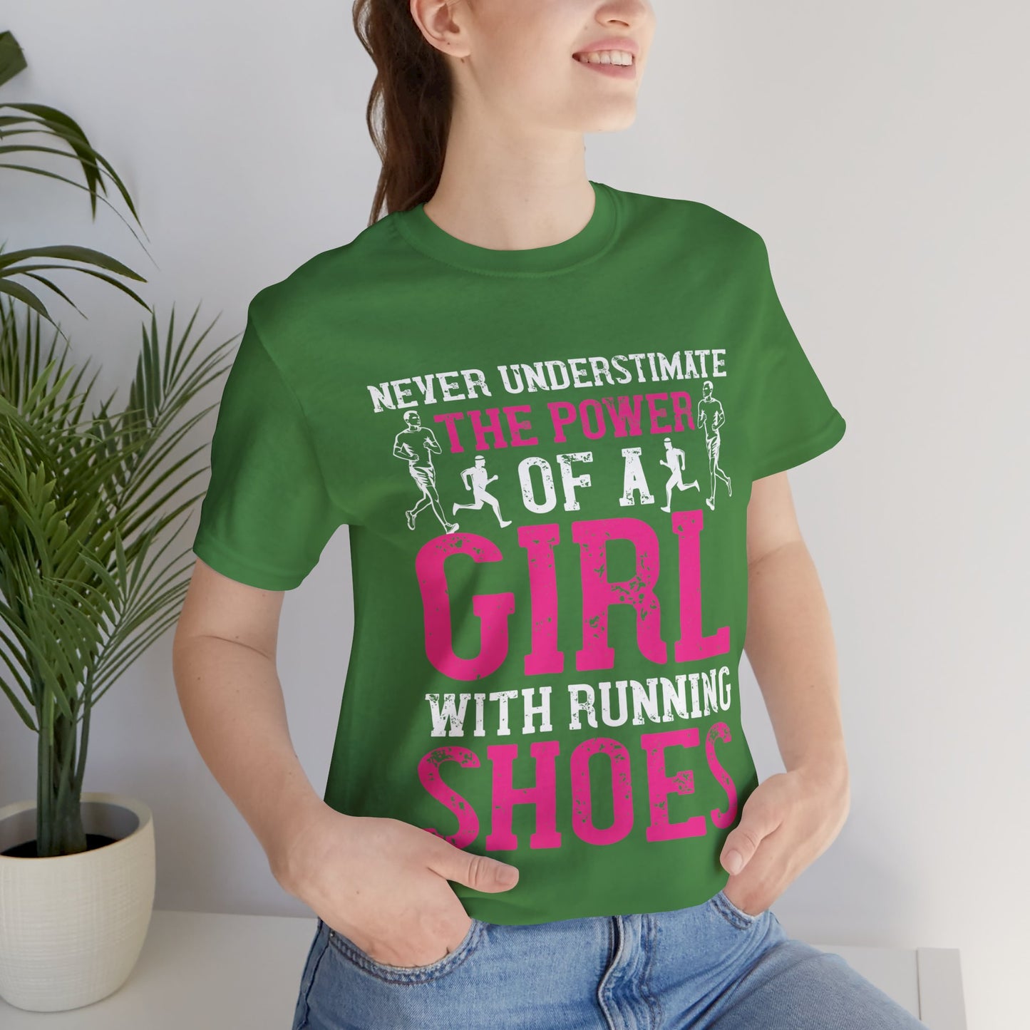 Never Underestimate The Power Of A Girl With Running Shoes - Unisex Jersey Short Sleeve Tee